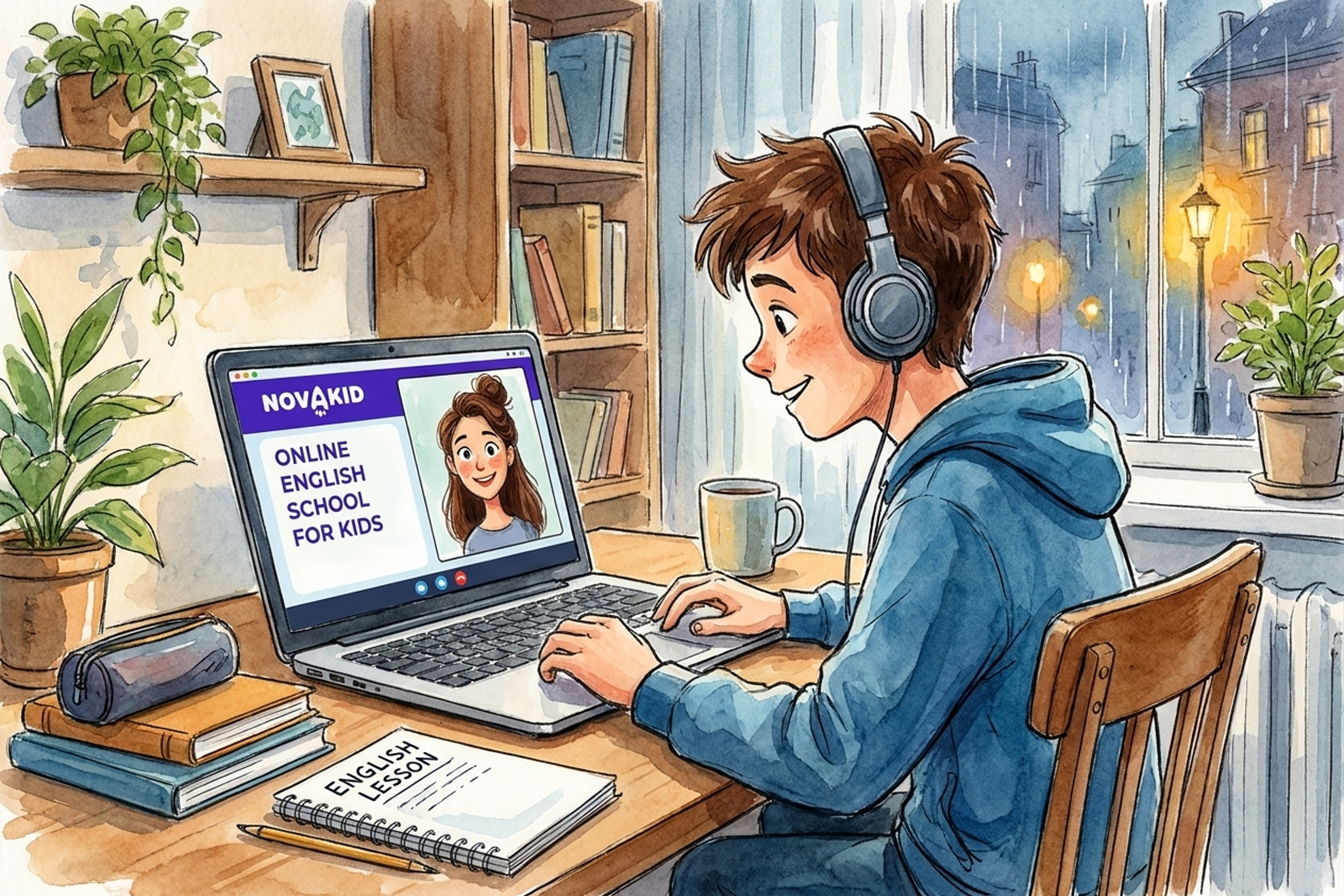un ragazzino di circa 14 anni sta facendo lezione con Novakid