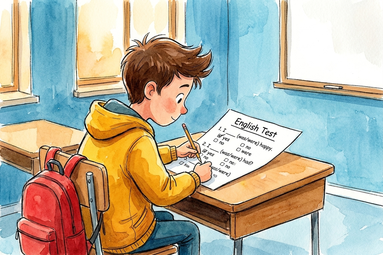Un ragazzo è seduto alla scrivania. sta facendo un test sul suo livello di conoscenza dell'inglese