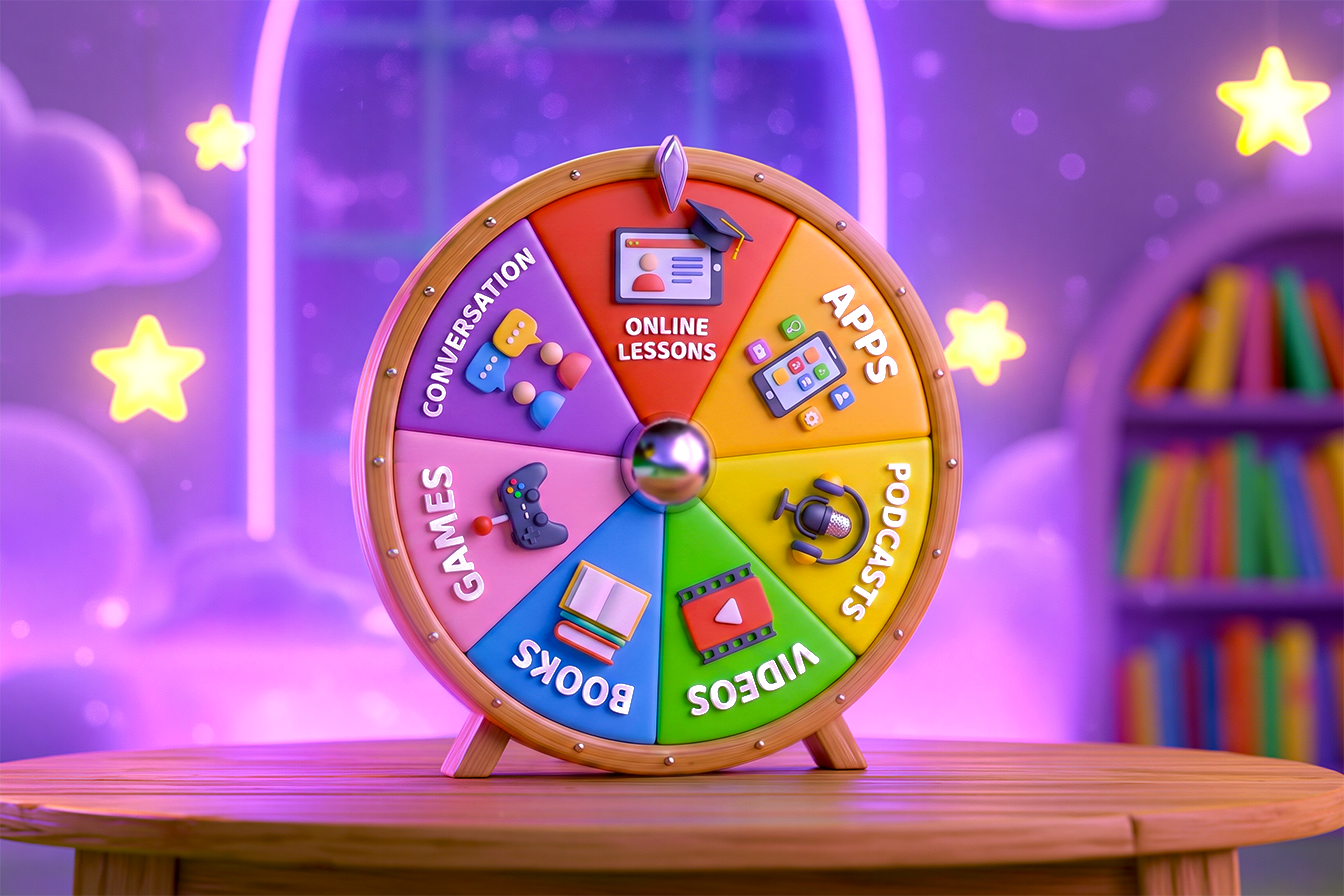 Ruota da girare. Su ogni spicchio colorato leggiamo il nome di ciascuno degli strumenti lingue più utili:online lessons, apps, podcasts, videos, books, games, conversation.