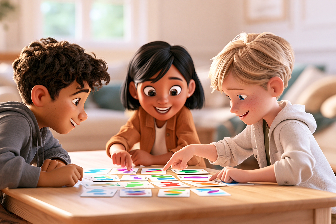 seduti intorno al tavolo di un soggiorno, vediamo 3 bambini di circa 6 anni che giocano con le flashcard per imparare i colori in inglese