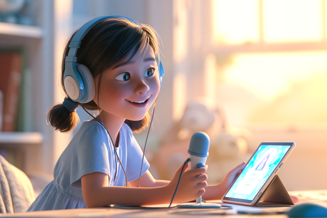 Una bambina allena la pronuncia inglese con PC, cuffie e microfono