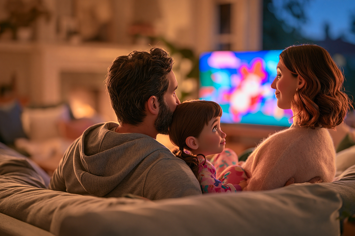 Tutta una famiglia riunita sul divano a guardare un cartone animato in inglese
