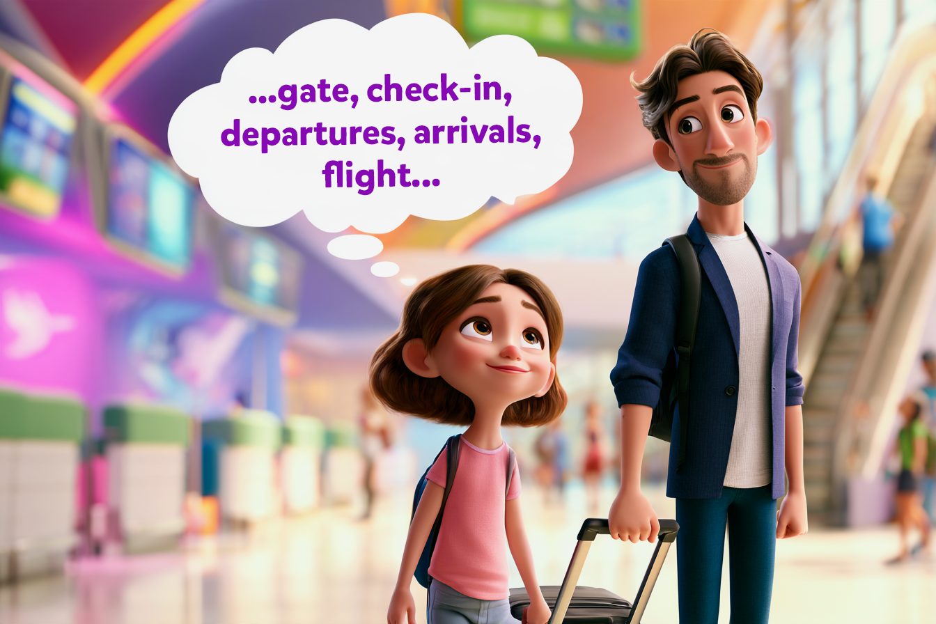 Una bambina e il suo papà in aeroporto. Mentre camminano spingendo il carrello fra schermi, scale mobili, check-in desk, la bambina pensa a tutte le parole più utili per volare in inglese: gate, check-in, departures, arrivals, flight...