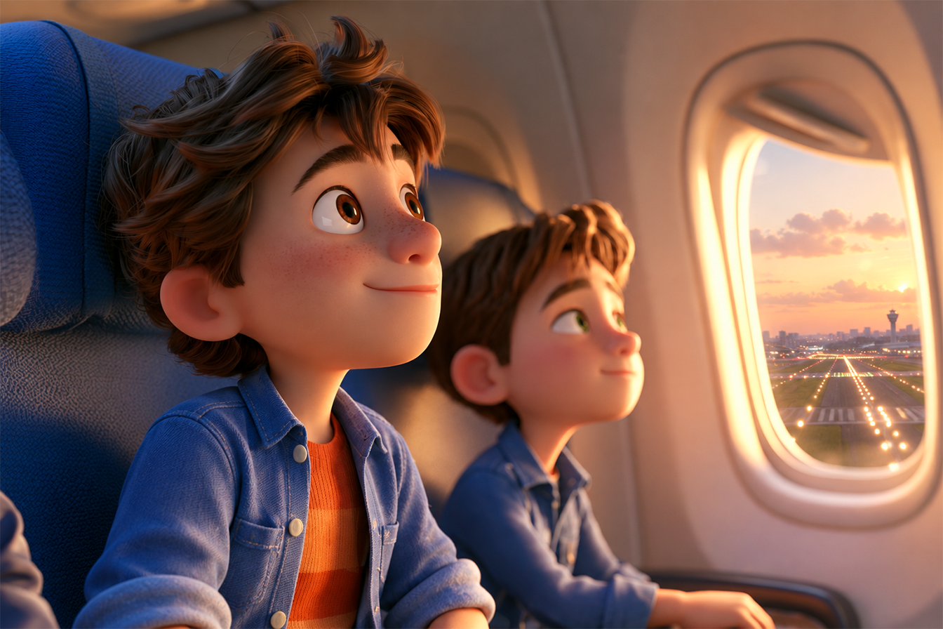 In aereo vediamo due ragazzini di circa 10 anni, guardare fuori dal finestrino mentre l'aereo sta atterrando