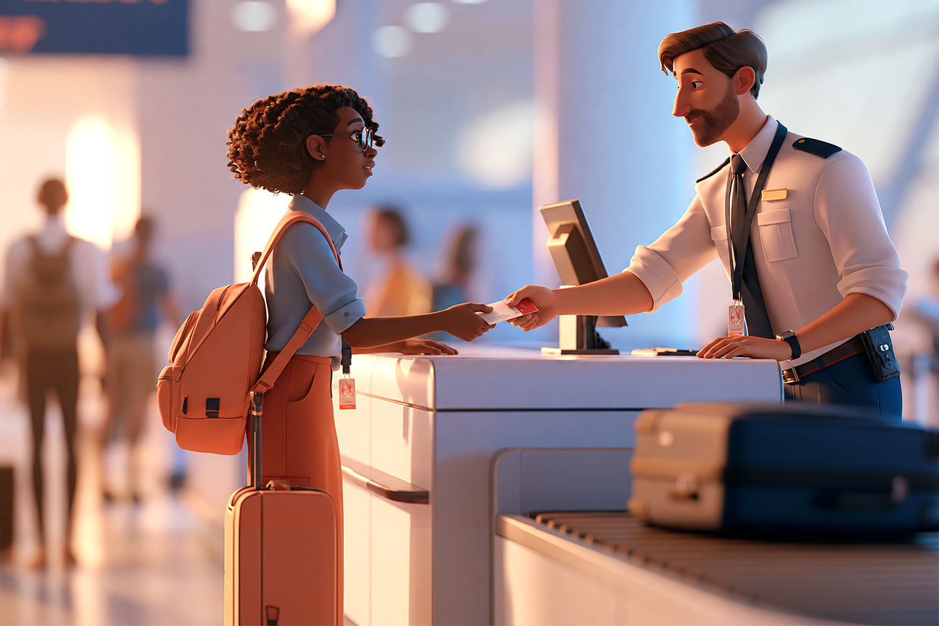 Una ragazza sta parlando con l'addetto al check in un aeroporto, passandogli la sua boarding pass e posando la valigia sul nastro
