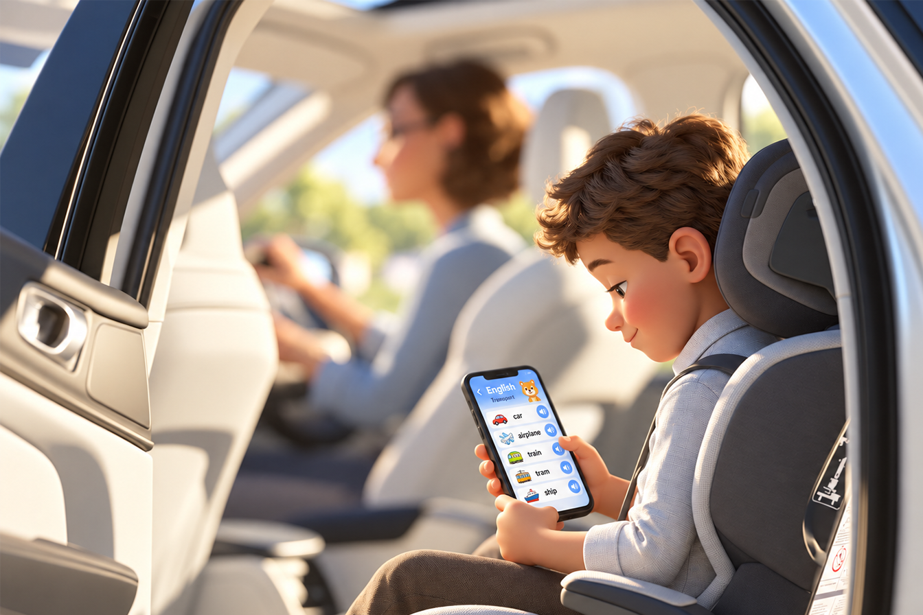 Un bambino, in auto insieme alla sua mamma, sta usando una app per migliorare il vocabolario inglese