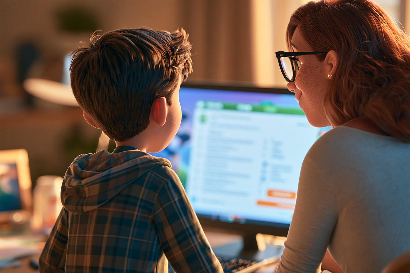 Un bambino è seduto al pc, la sua mamma è seduta vicina a lui. Il bambino sta facendo il test livello inglese gratis di Novakid