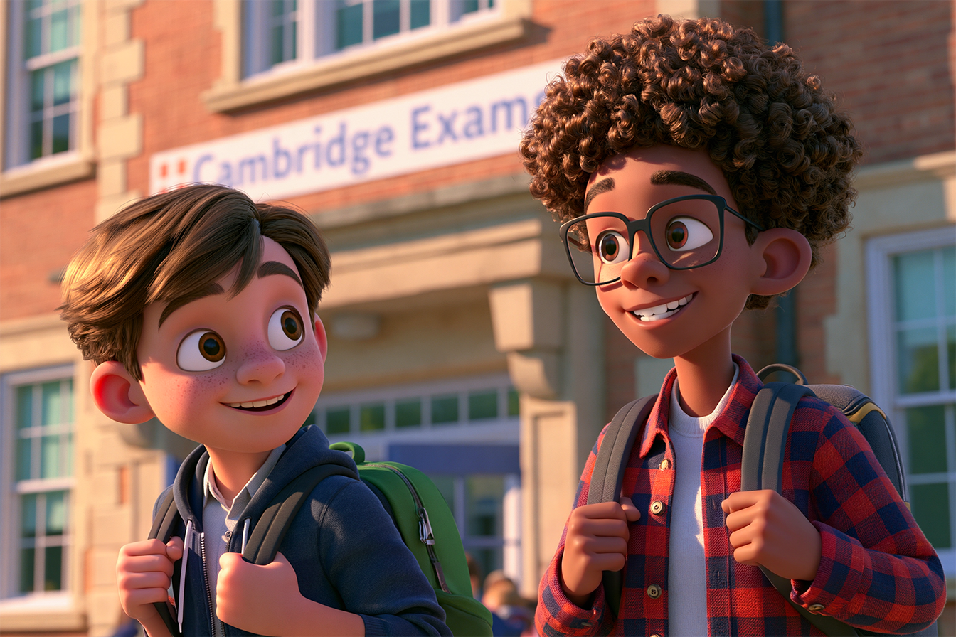 Due ragazzi di circa 12 anni escono da un scuola con lo zaino sulle spalle, chiacchierando. Sull'edificio c'è l'insegna: Cambridge Exams.