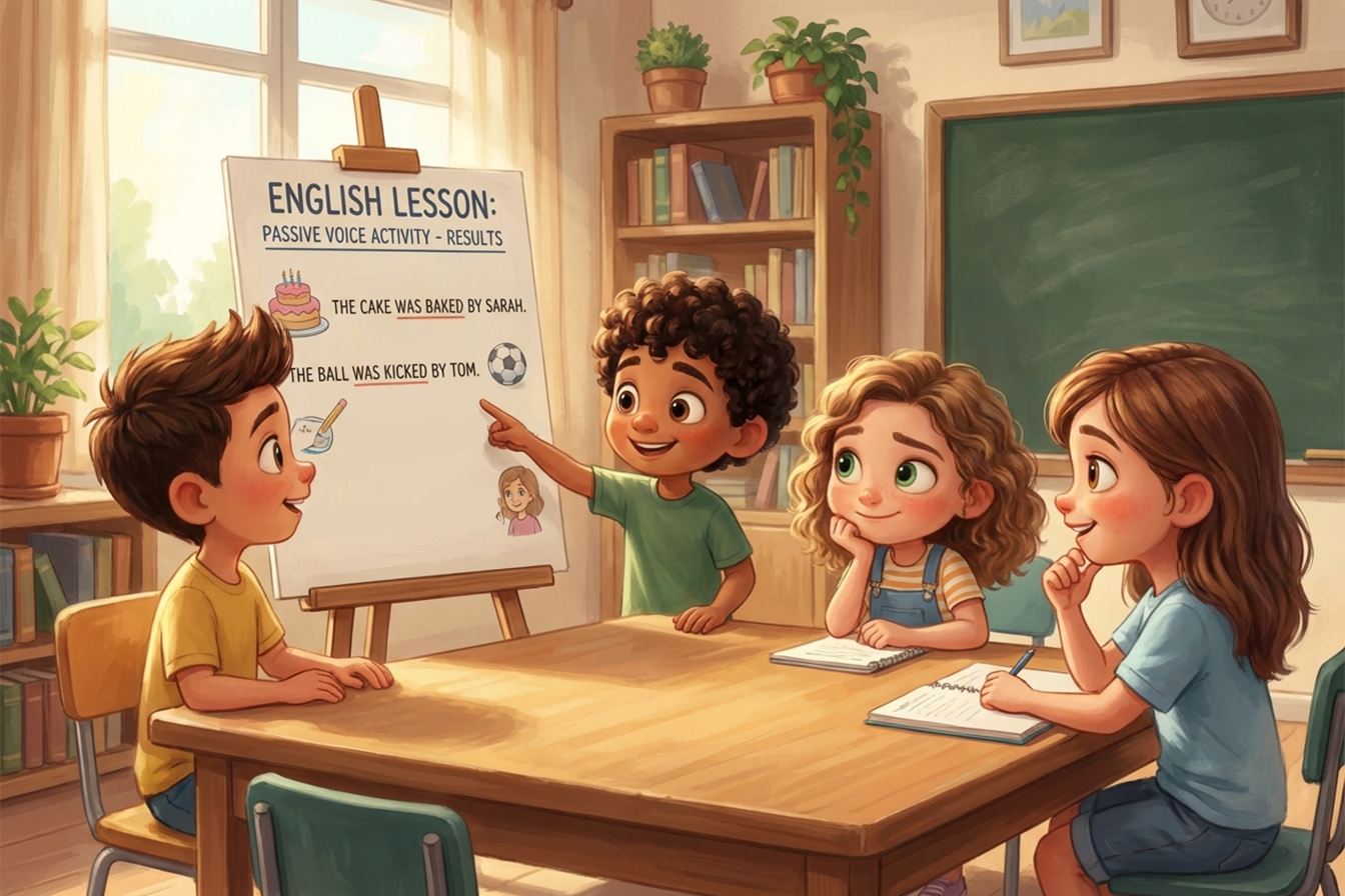 grupa dzieci obserwująca efekt zadania podczas lekcji angielskiego o stronie biernej