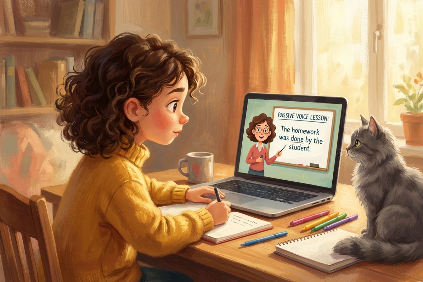 dziecko uczestniczące w lekcji angielskiego online o stronie biernej