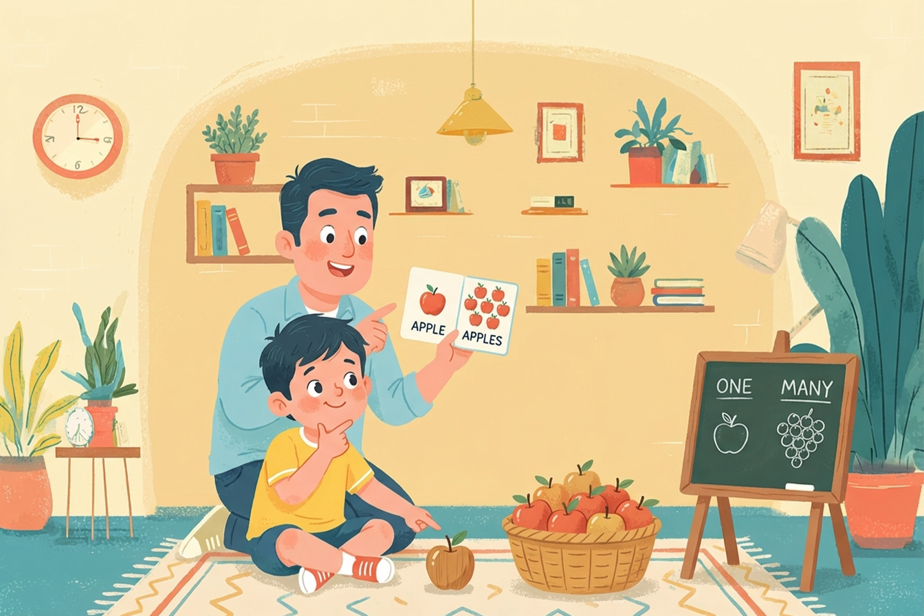 dziecko porównujące jeden przedmiot i wiele przedmiotów podczas nauki liczby mnogiej