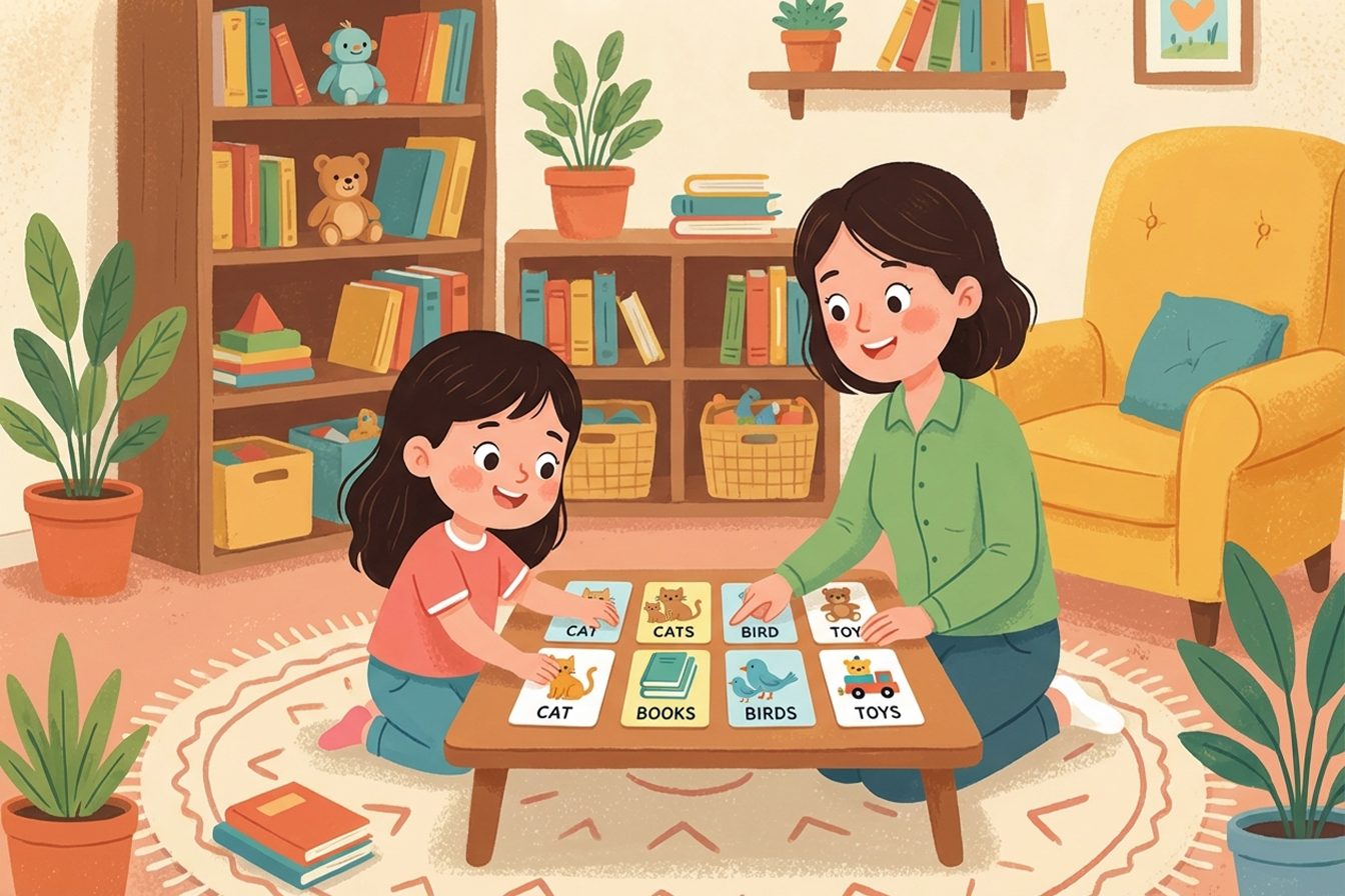 dziecko układające fiszki pokazujące formy liczby pojedynczej i mnogiej podczas zabawnej lekcji