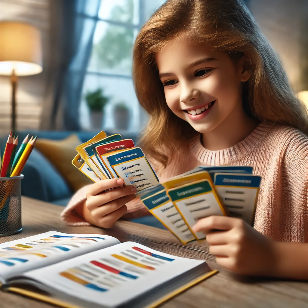 dziewczynka uczy się korzystając z fiszek