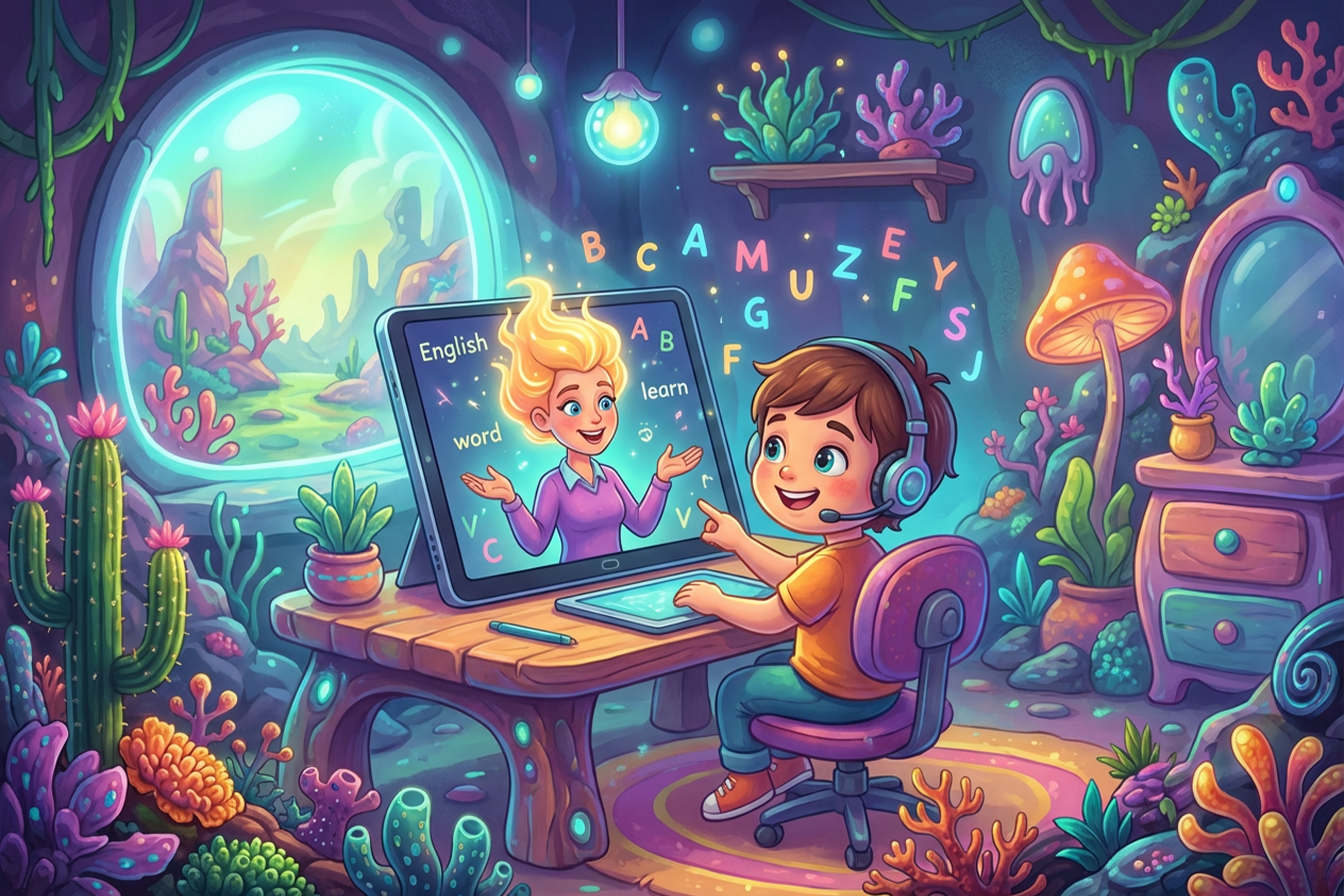 dziecko uczestniczące w lekcji angielskiego online ze strony biernej w Present Continuous i rozmawiające z nauczycielem