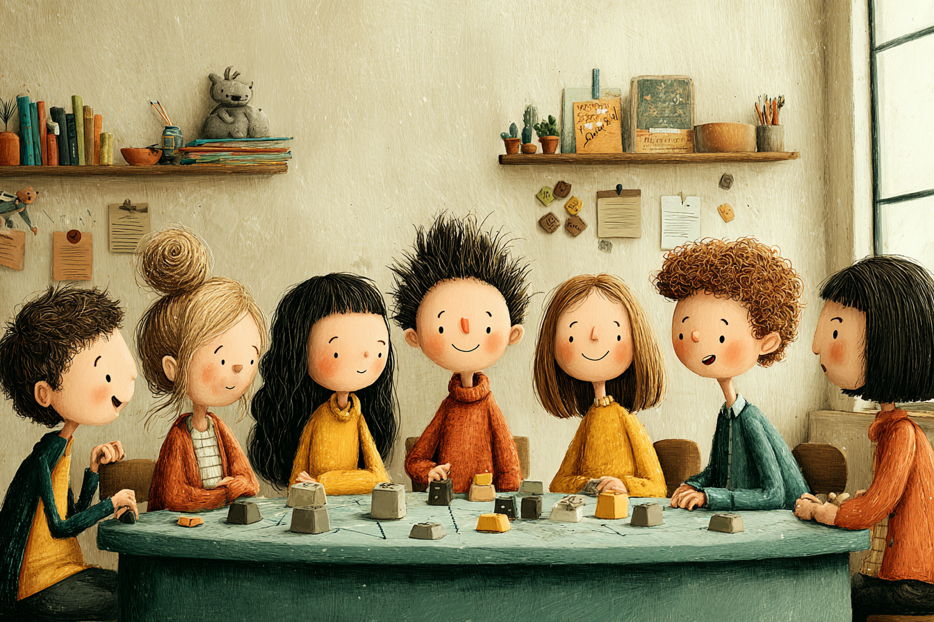 dzieci bawiące się w interaktywną grę do nauki angielskiego w klasie