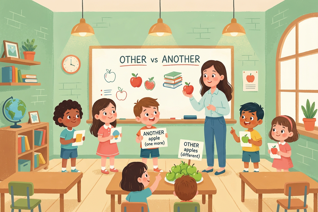 grupa dzieci ćwiczących różnicę między other i another podczas aktywnej lekcji w klasie