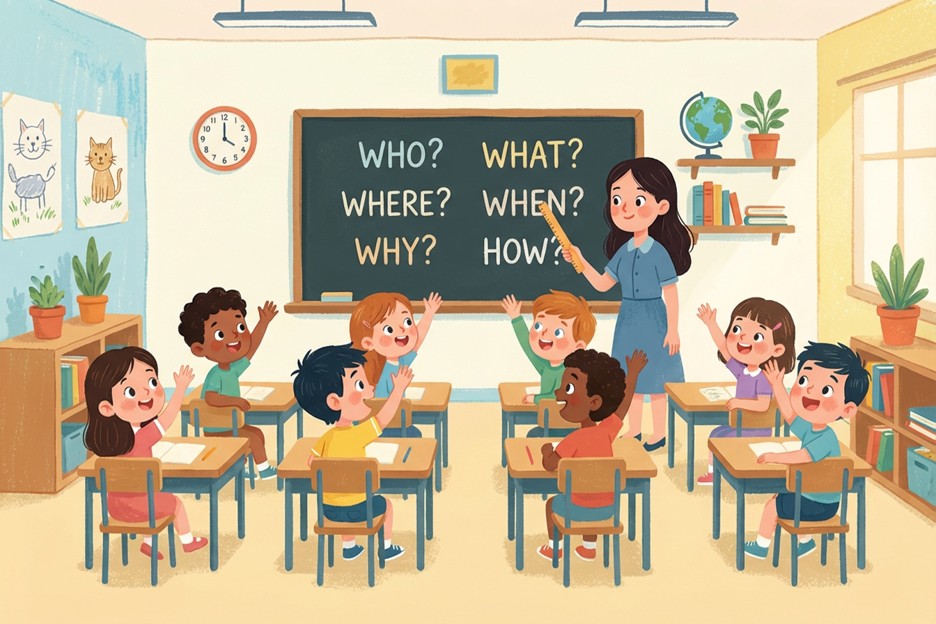 grupa dzieci podnoszących ręce i ćwiczących zaimki pytające podczas lekcji angielskiego