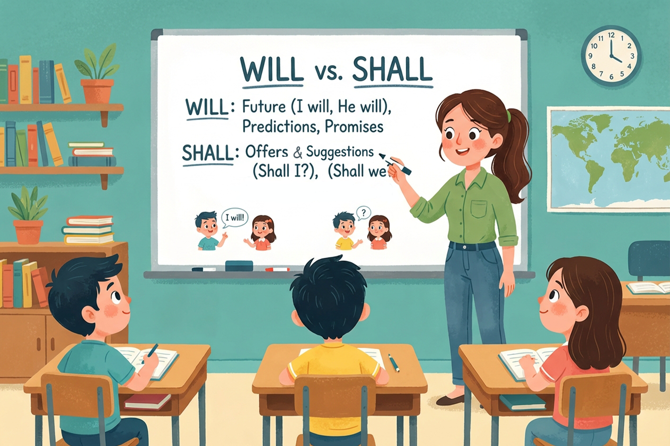 nauczyciel wyjaśniający różnice między will i shall na tablicy podczas lekcji angielskiego