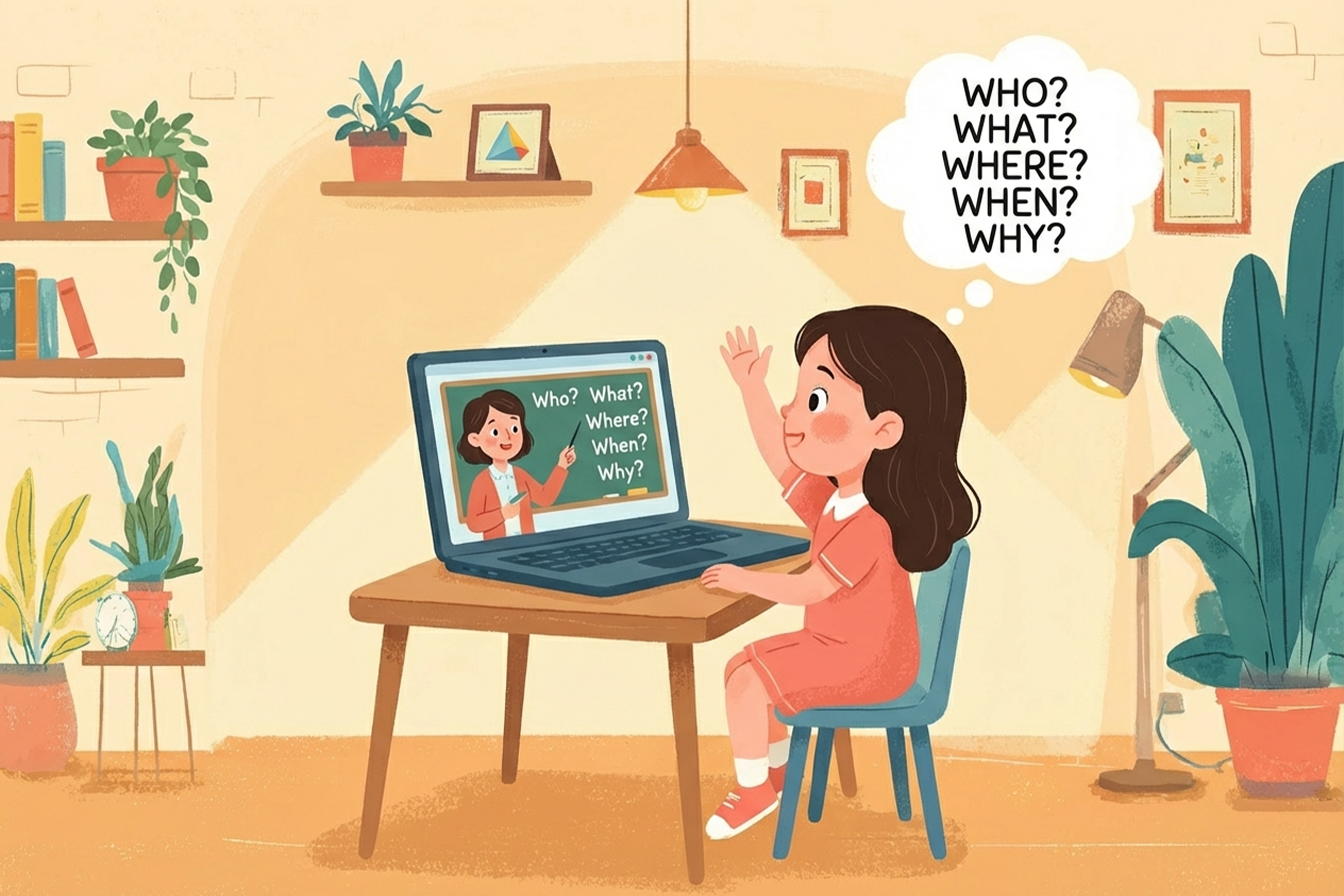 dziecko uczestniczące w lekcji angielskiego online i odpowiadające na pytania z użyciem zaimków pytających