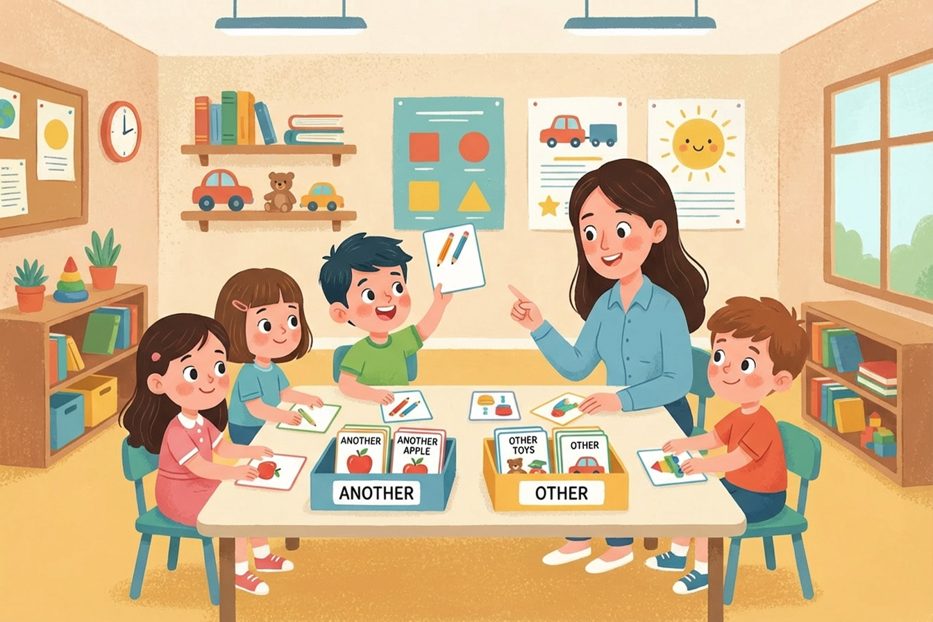 dzieci grające w grę gramatyczną i ćwiczące other oraz another w klasie