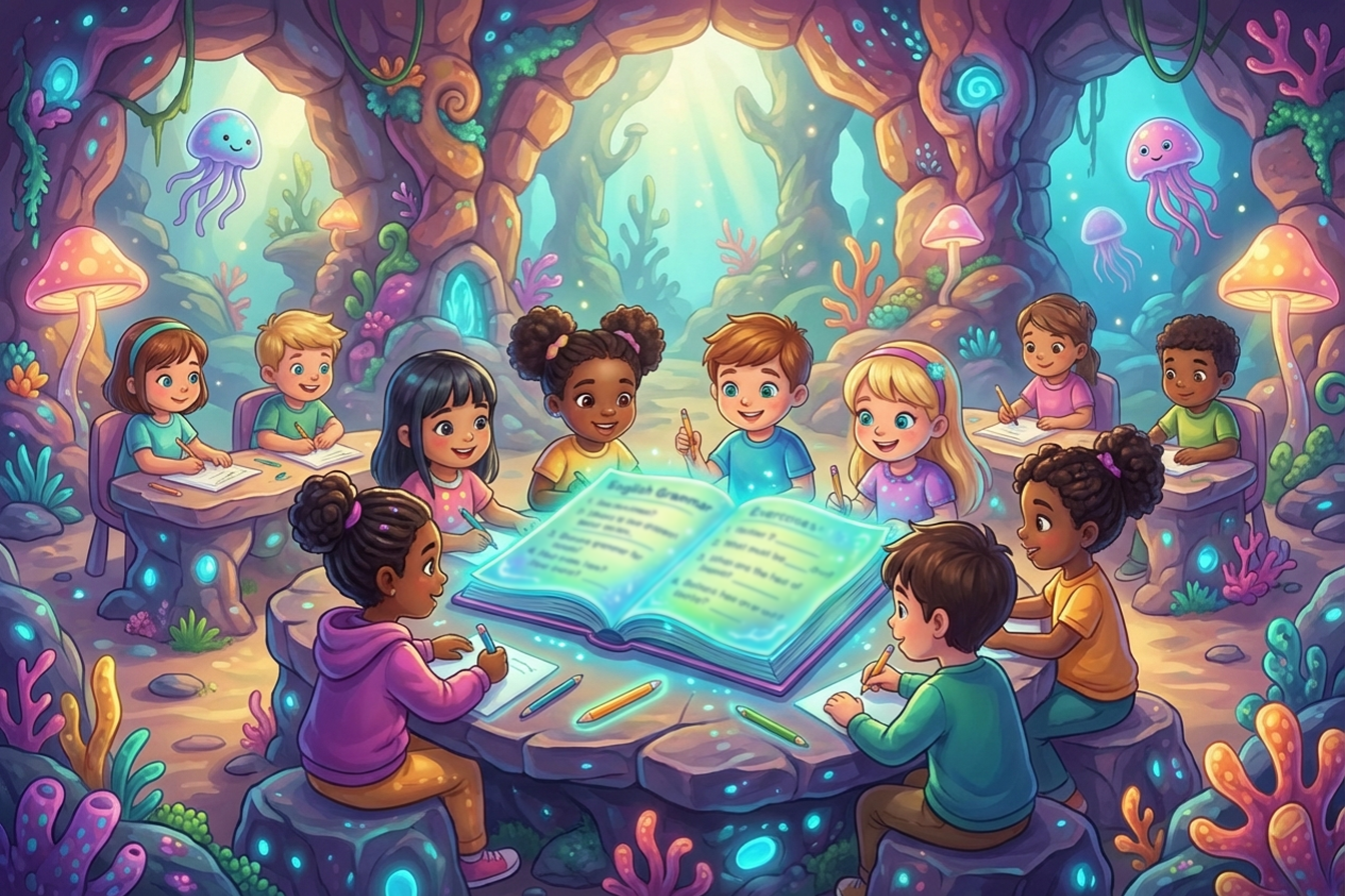 grupa dzieci pracujących razem nad zadaniem ze strony biernej w Present Continuous na lekcji angielskiego