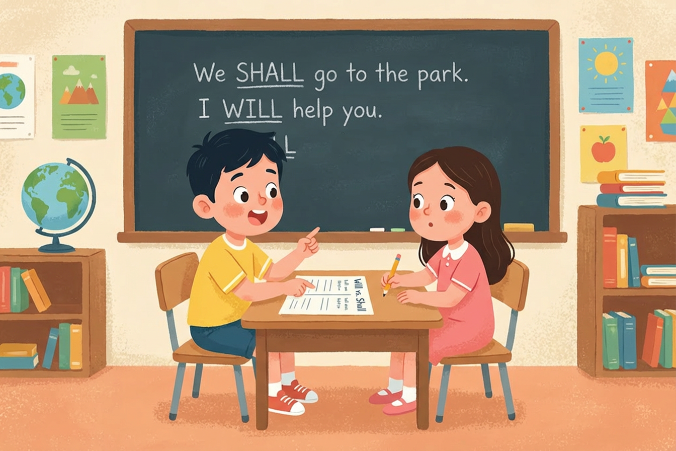 dwoje dzieci ćwiczących zdania i omawiających użycie will i shall podczas lekcji