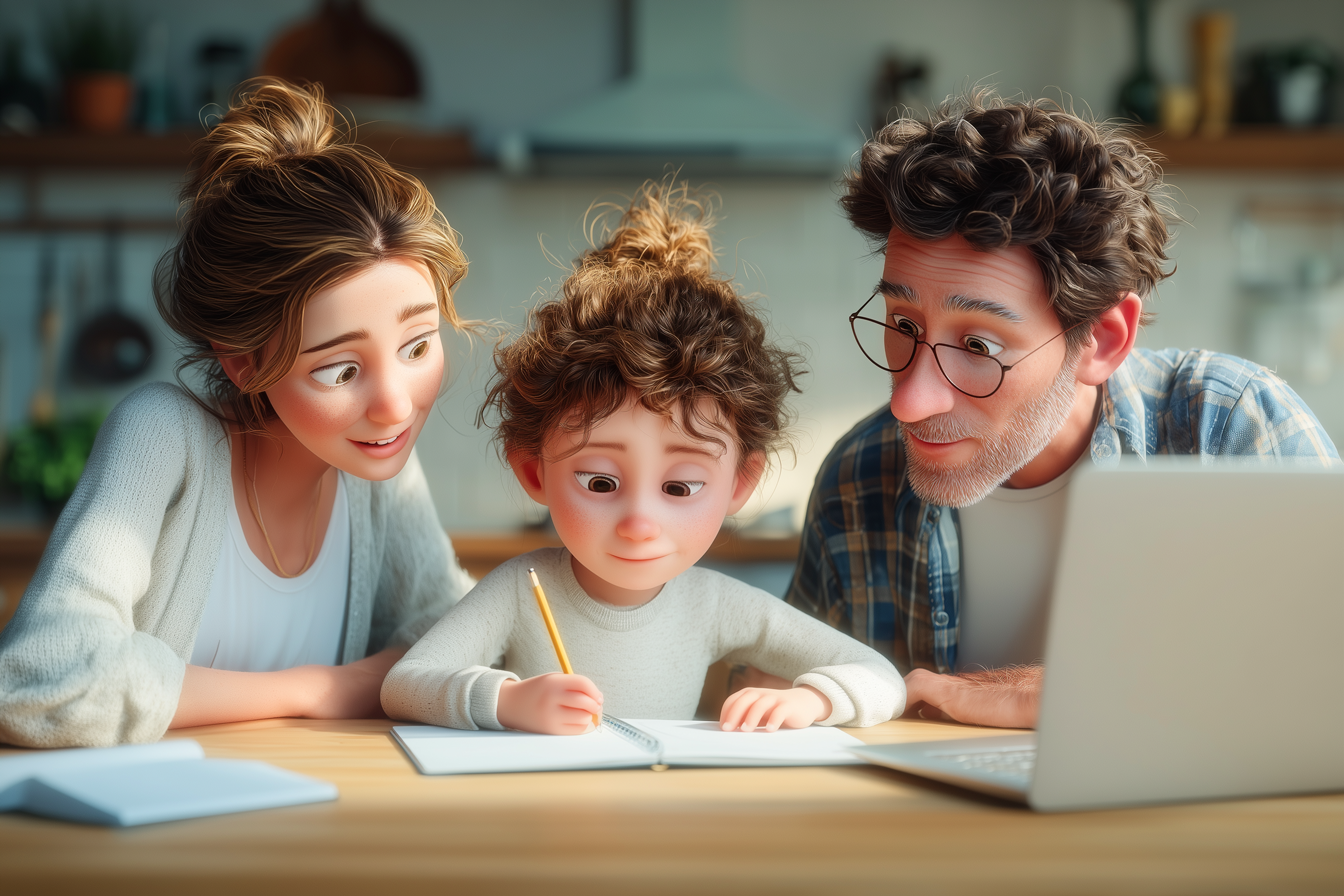 uśmiechnięci rodzice i dziecko uczący się angielskiego razem przed laptopem podczas lekcji online