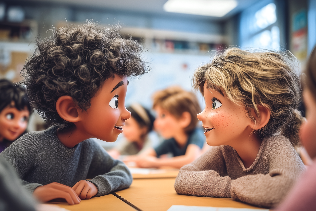 dzieci pracujące w parach i rozmawiające po angielsku podczas aktywnej lekcji