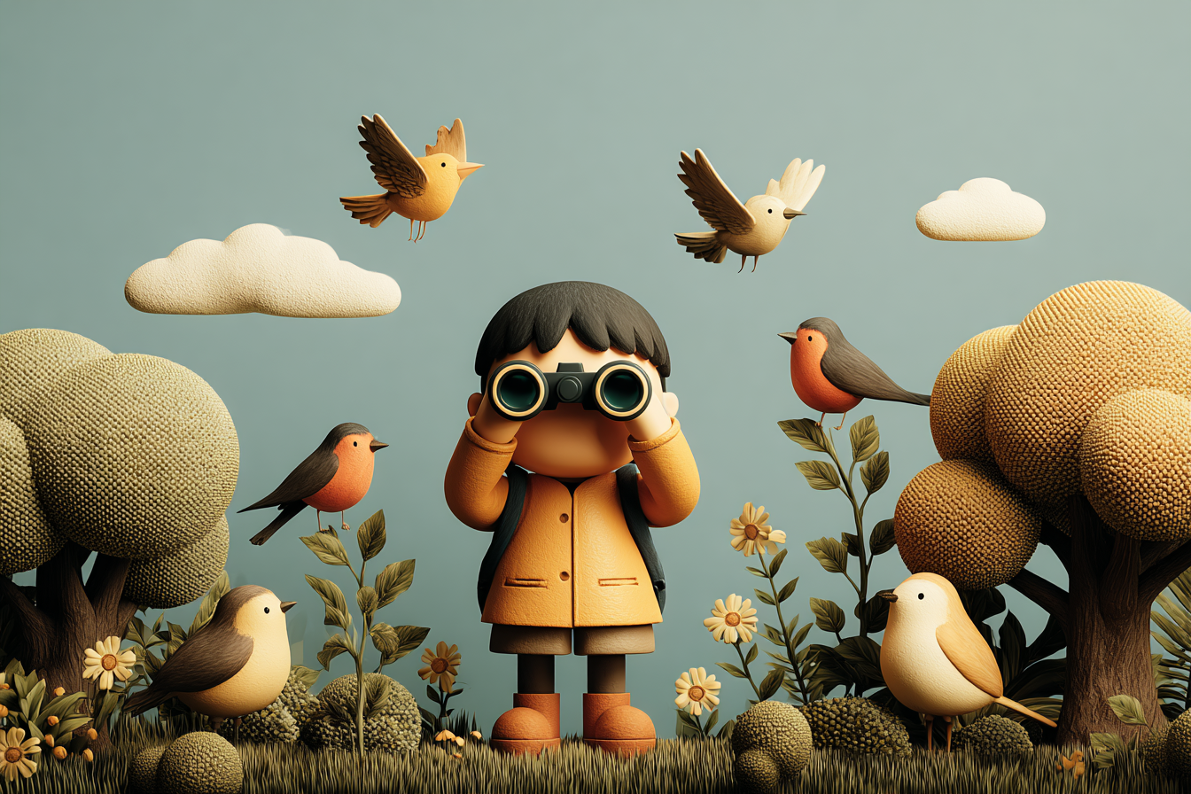 dziecko obserwujące różne gatunki ptaków przez lornetkę podczas zajęć w plenerze