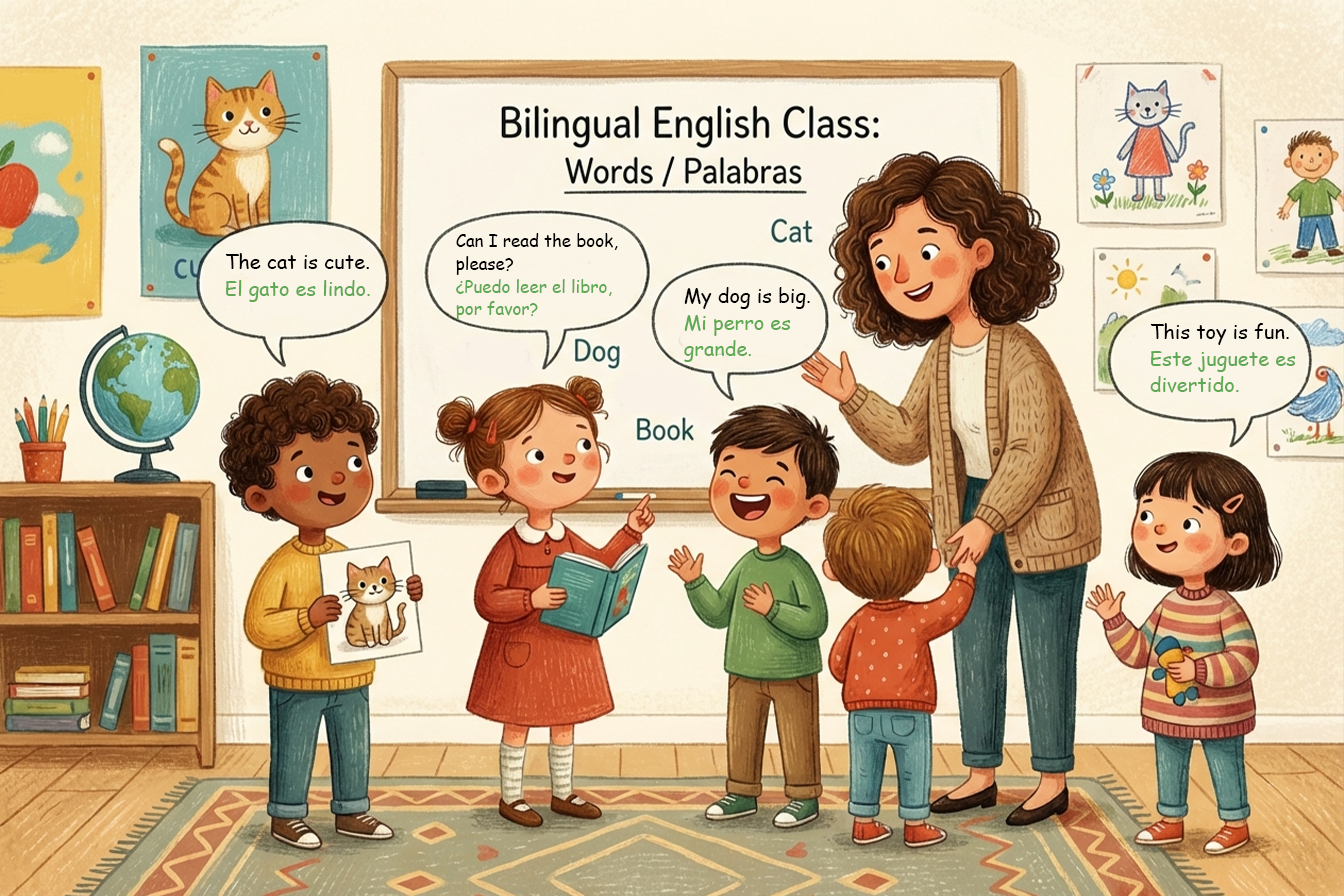 dzieci przełączające się między językami podczas lekcji angielskiego