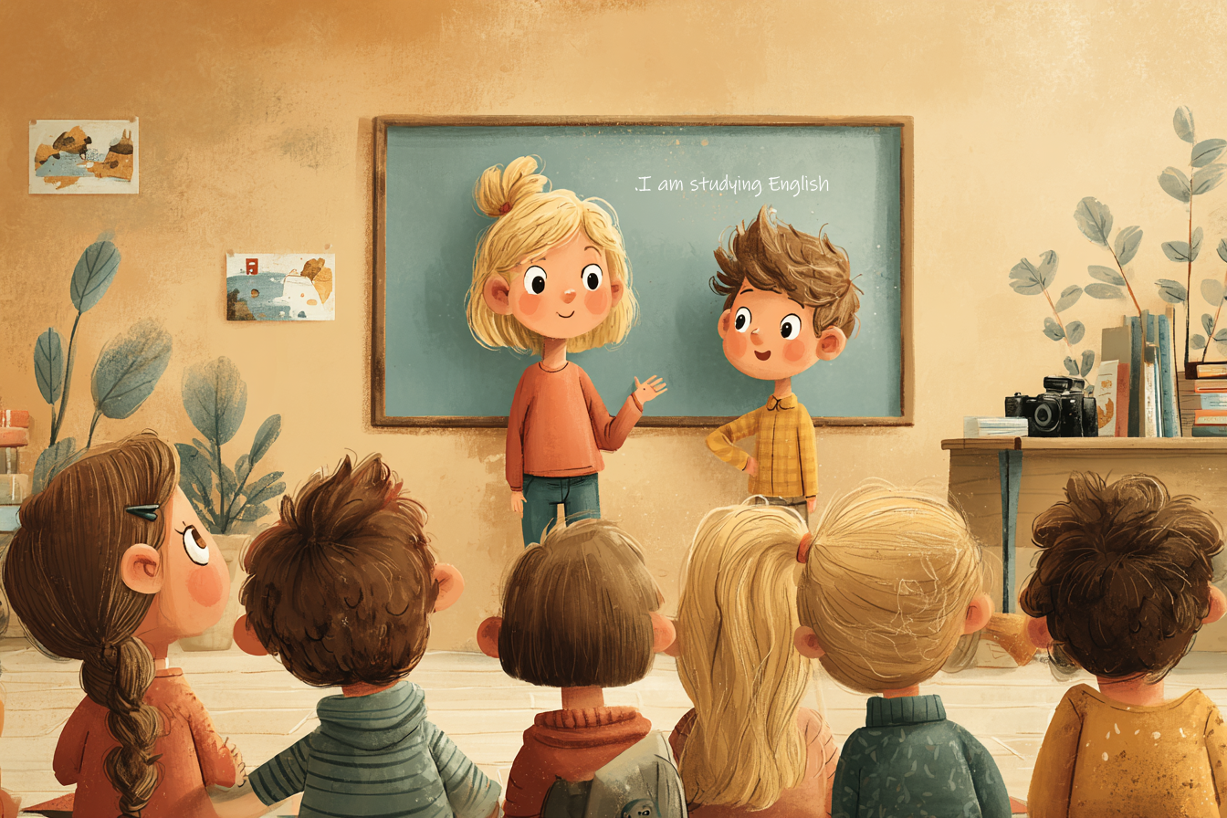 grupa dzieci uczących się czasów teraźniejszych w języku angielskim podczas interaktywnej lekcji