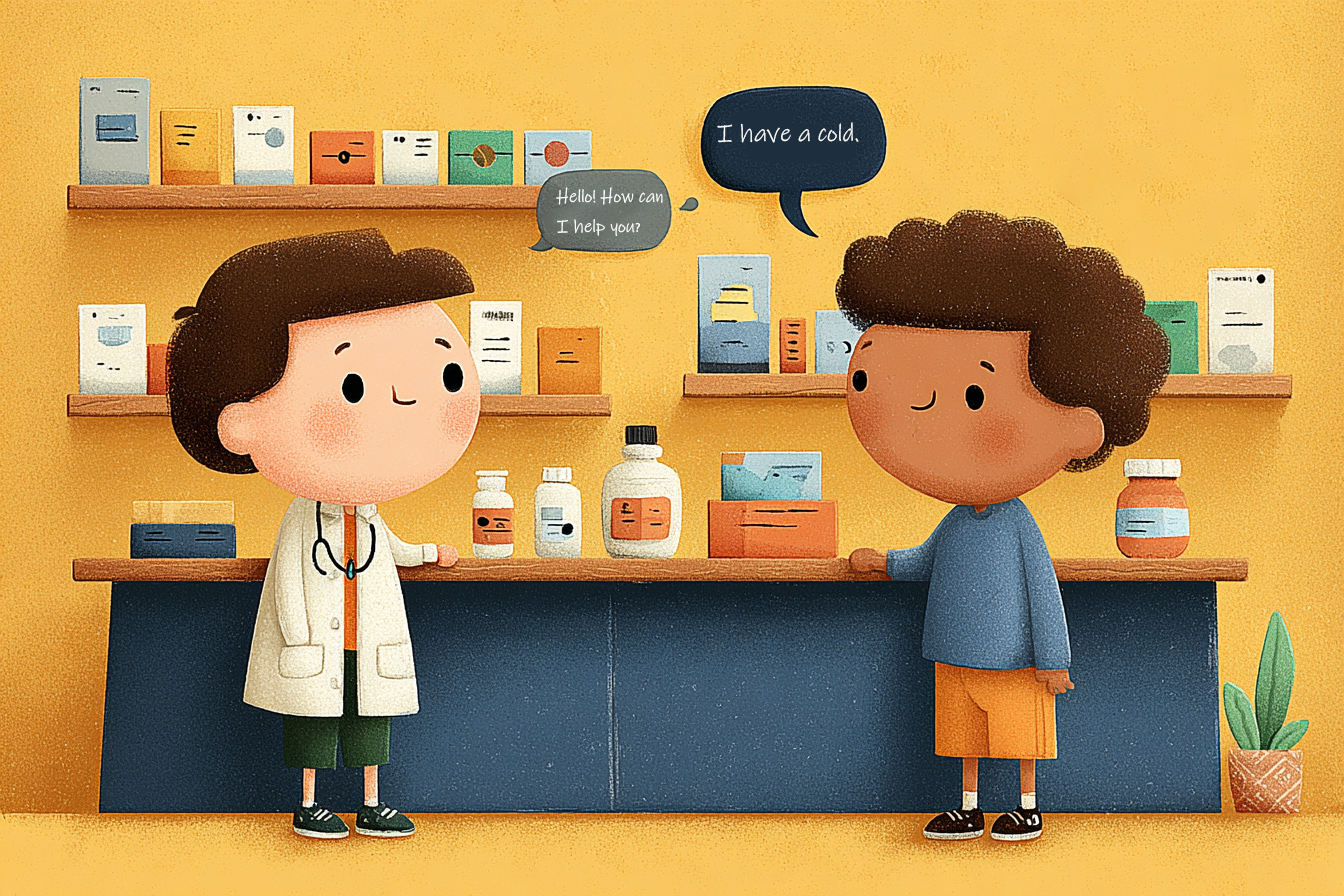 dwoje dzieci odgrywających scenkę z wizyty w aptece po angielsku podczas ćwiczenia językowego