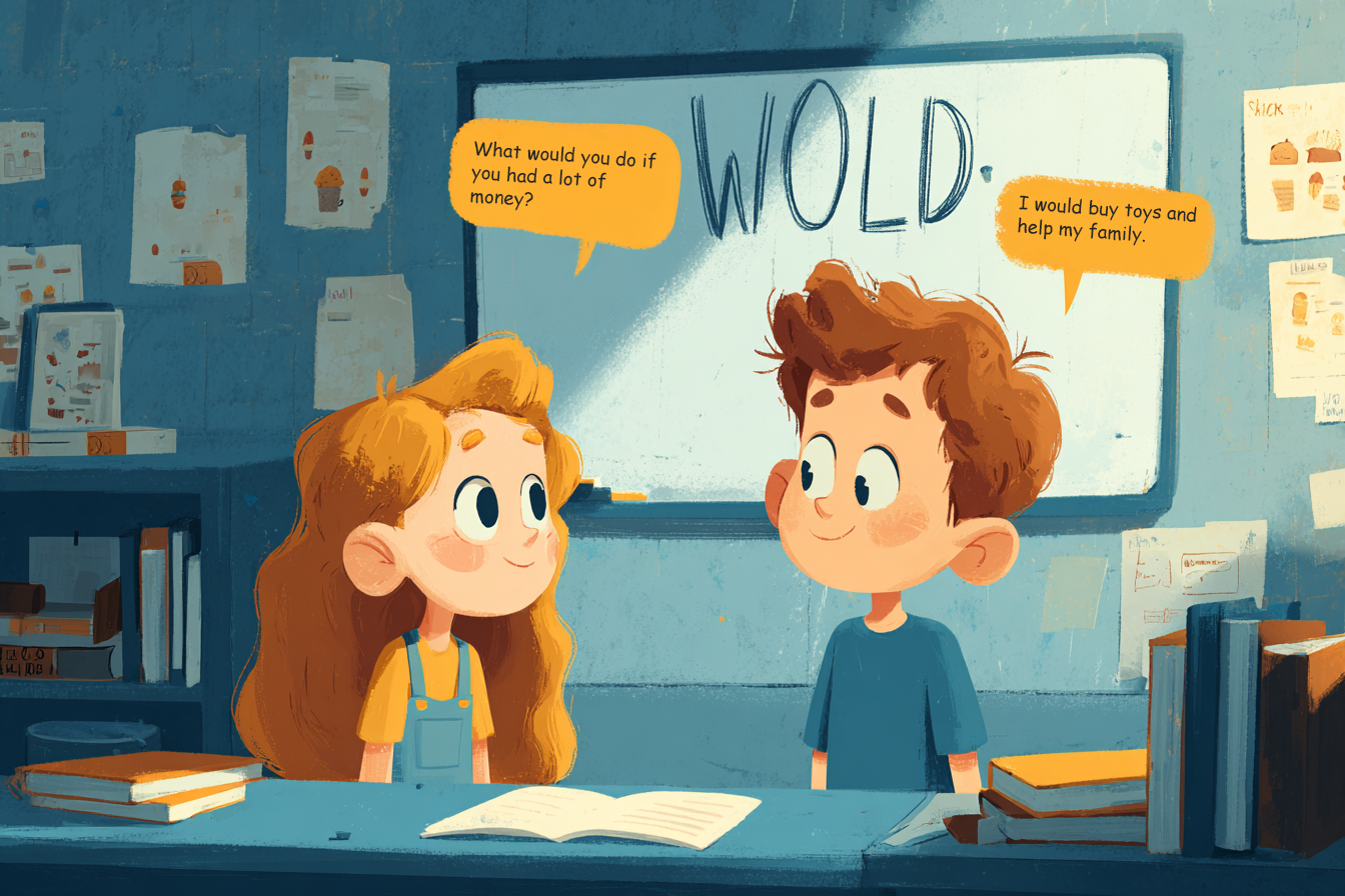 dwoje dzieci ćwiczących dialog po angielsku i używających would w rozmowie