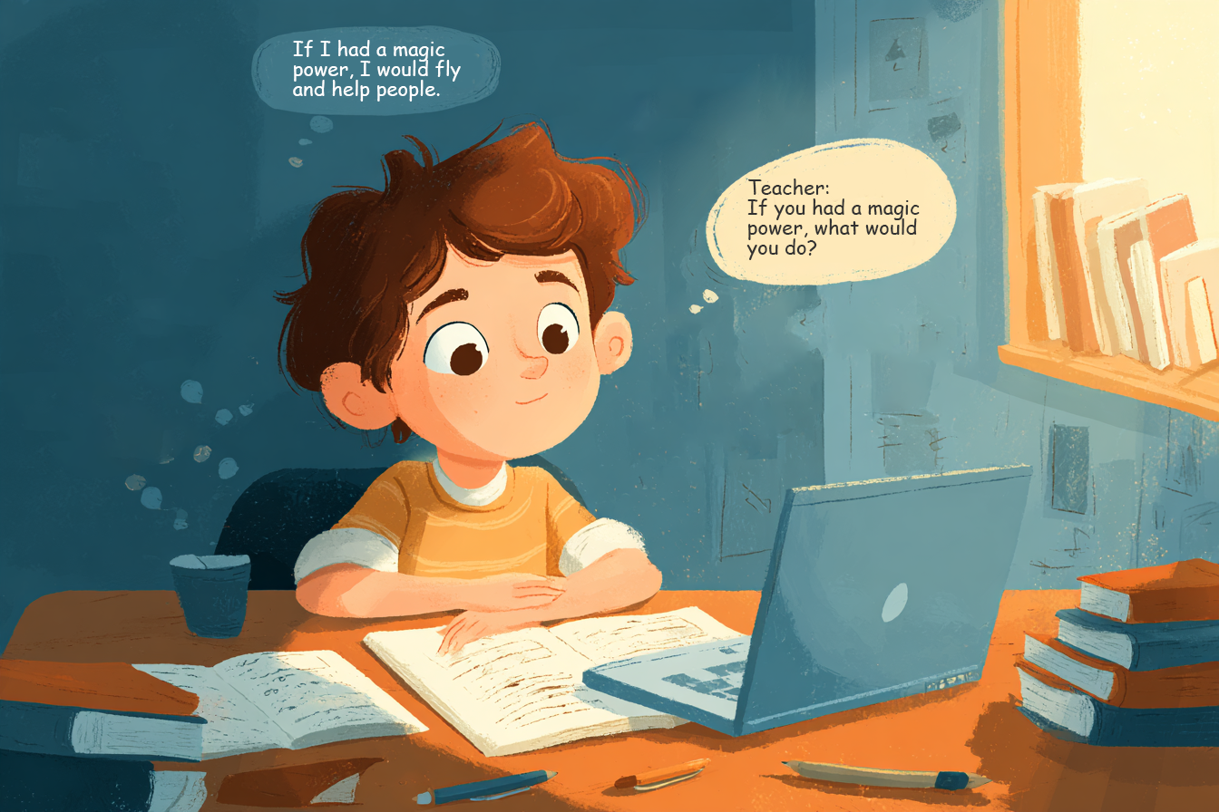 dziecko uczestniczące w lekcji angielskiego online i omawiające sytuacje hipotetyczne z użyciem would