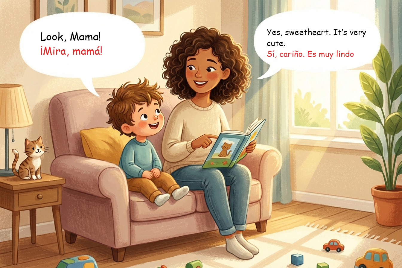 dziecko rozmawiające z rodzicem i naturalnie przełączające się między angielskim a językiem ojczystym