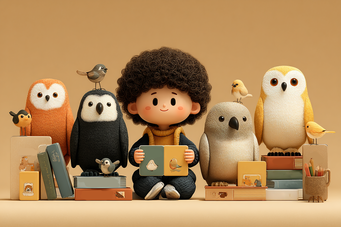 dziecko korzystające z fiszek z różnymi gatunkami ptaków podczas nauki angielskiego słownictwa