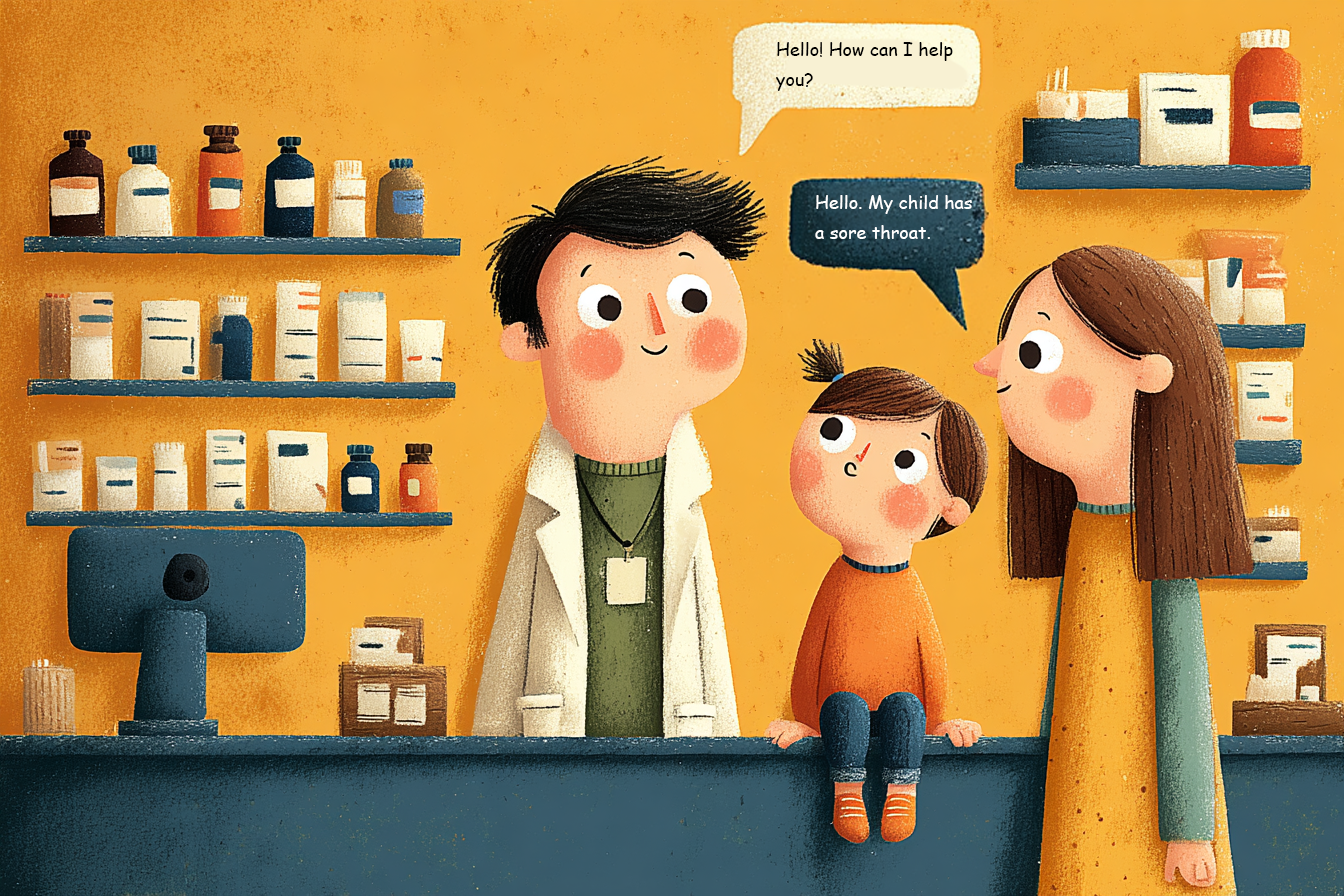 dziecko z rodzicem rozmawiające po angielsku z farmaceutą przy ladzie w aptece
