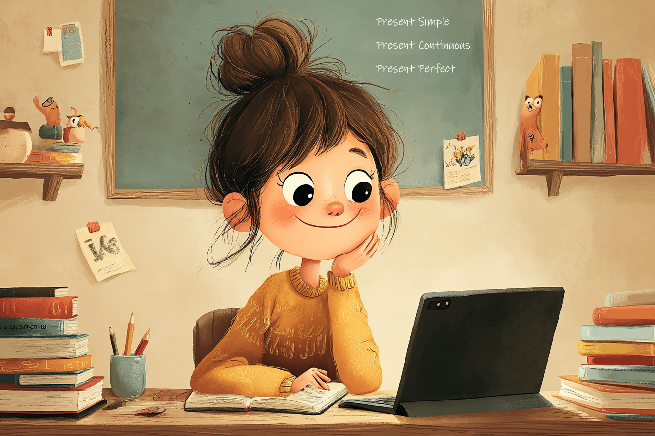 uśmiechnięte dziecko uczestniczące w lekcji angielskiego online o czasach teraźniejszych