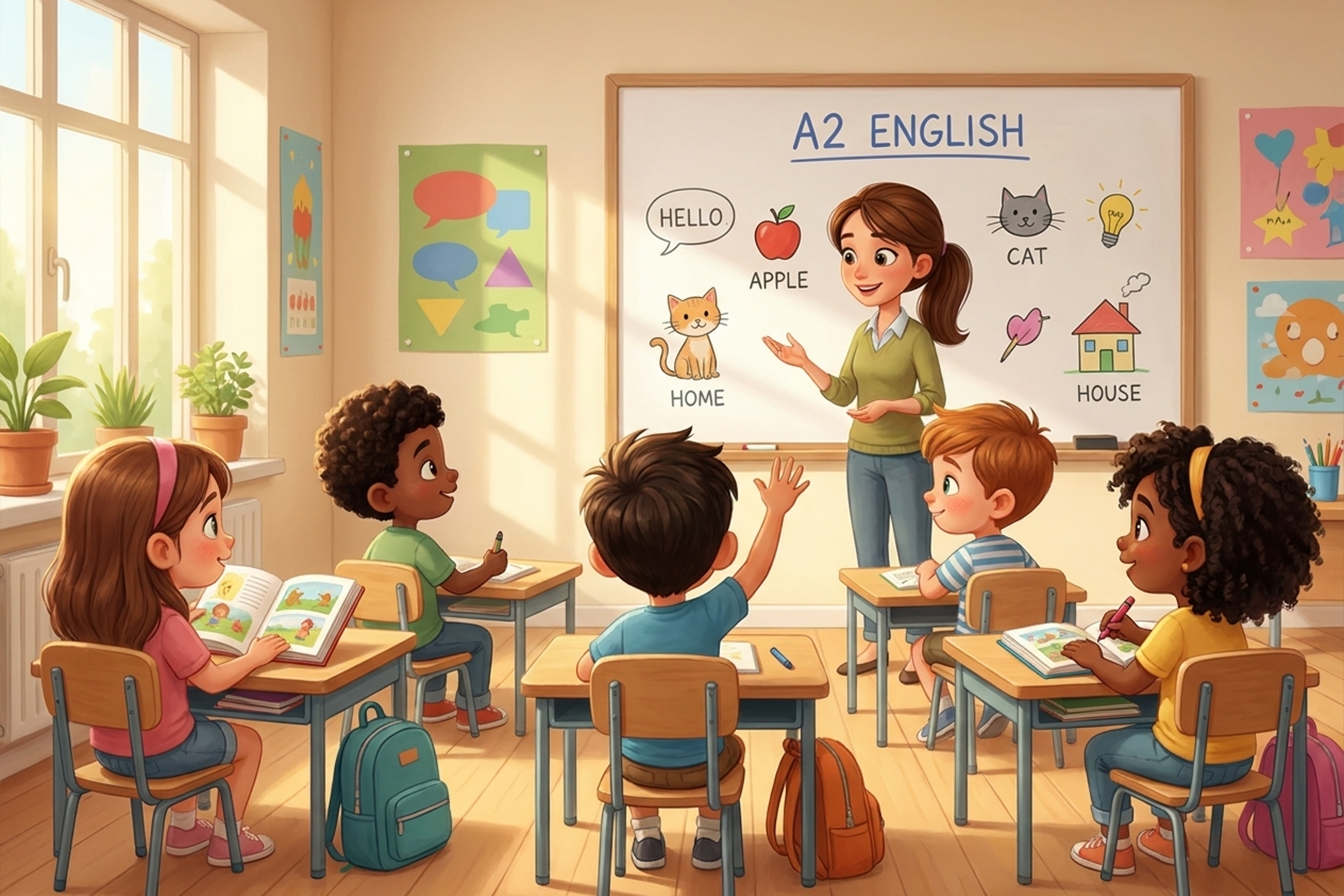dziecko uczące się angielskiego na poziomie A2 w klasie