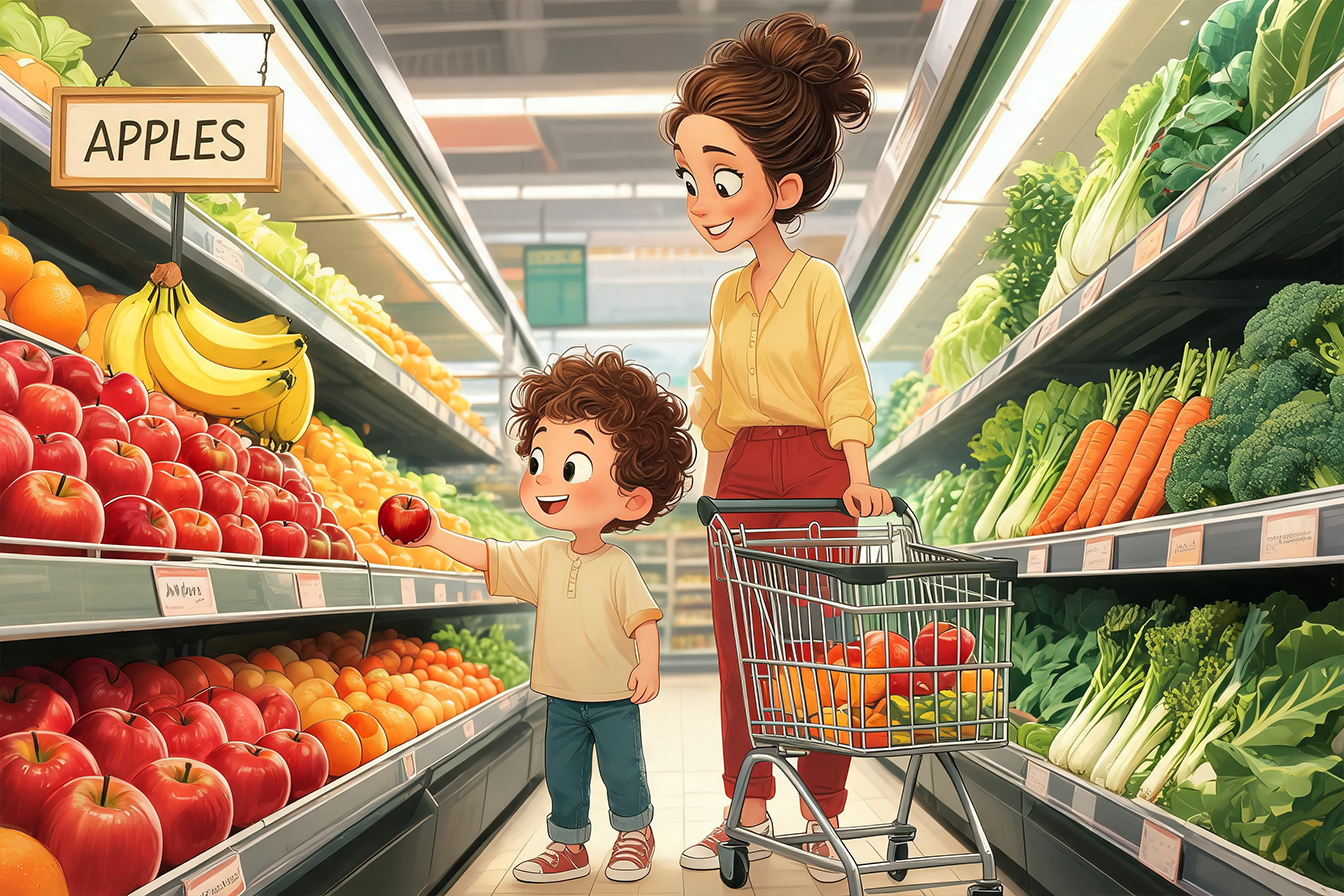 dziecko robi zakupy po angielsku z rodzicem w supermarkecie