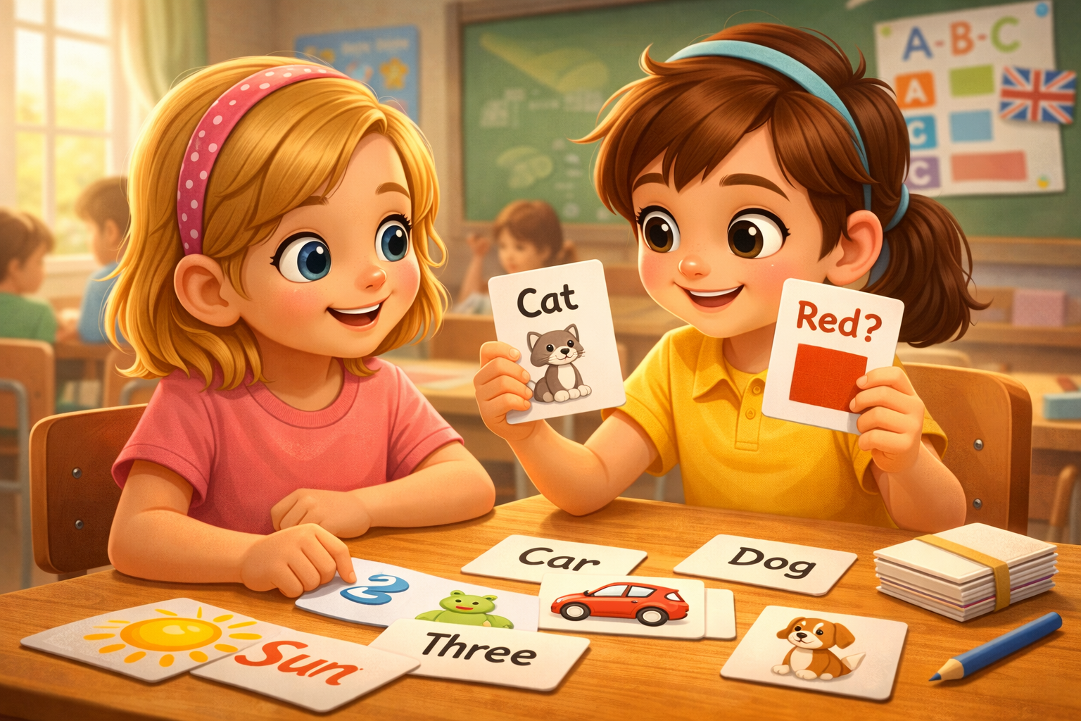 Fetițe învață engleză cu flashcarduri.