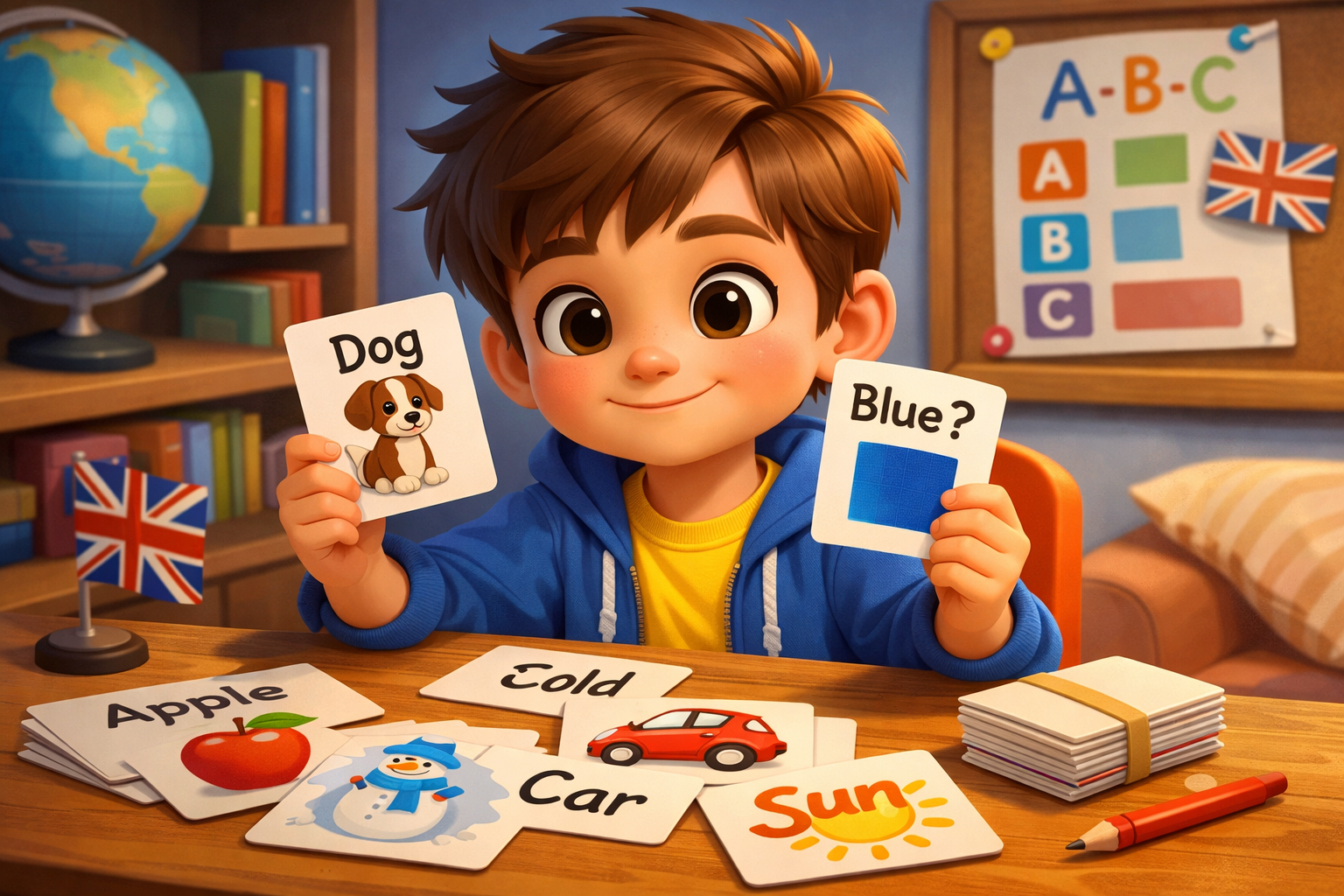 Băiețel învață engleză cu flashcarduri.