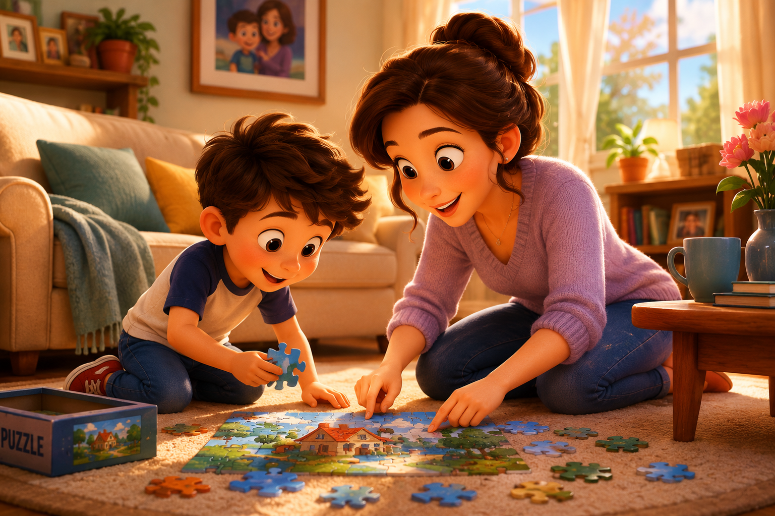 Mama și fiul fac un puzzle