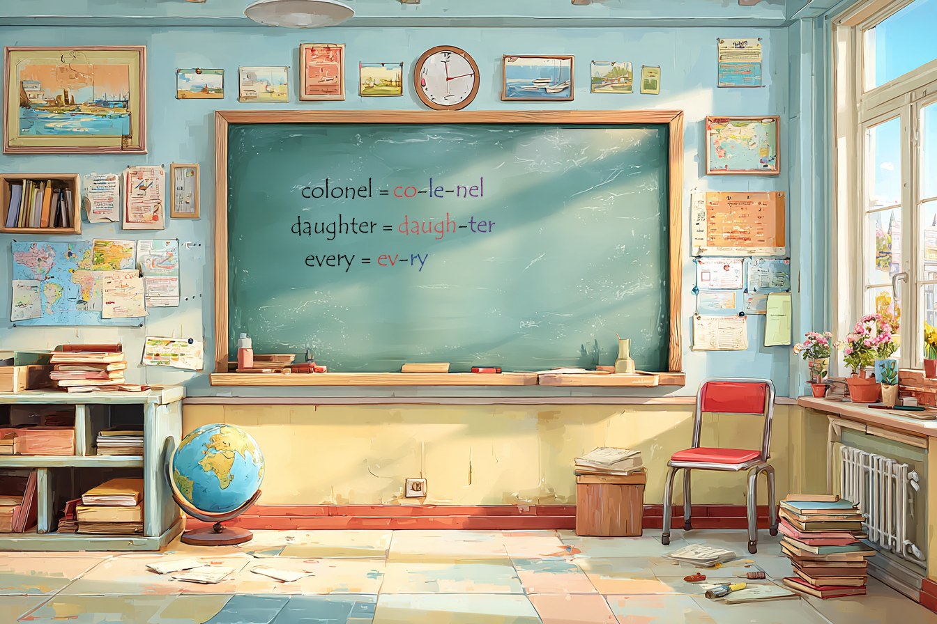 Tablă cu listă de ‘tricky words’ în engleză, subliniate pe silabe colorate