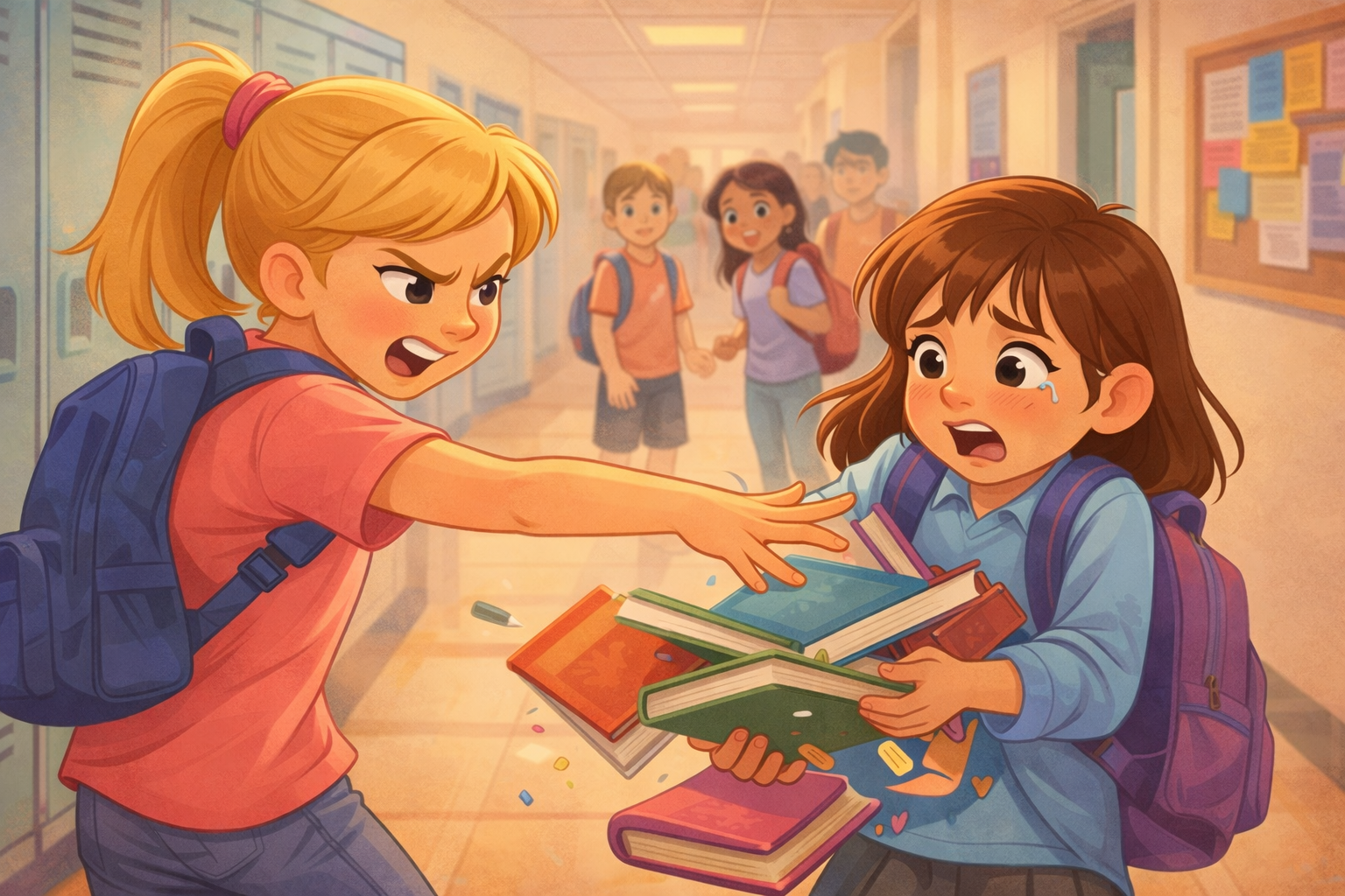 O fată mai mare îi dărâmă cărțile din brațe unei fete mai mici la școală