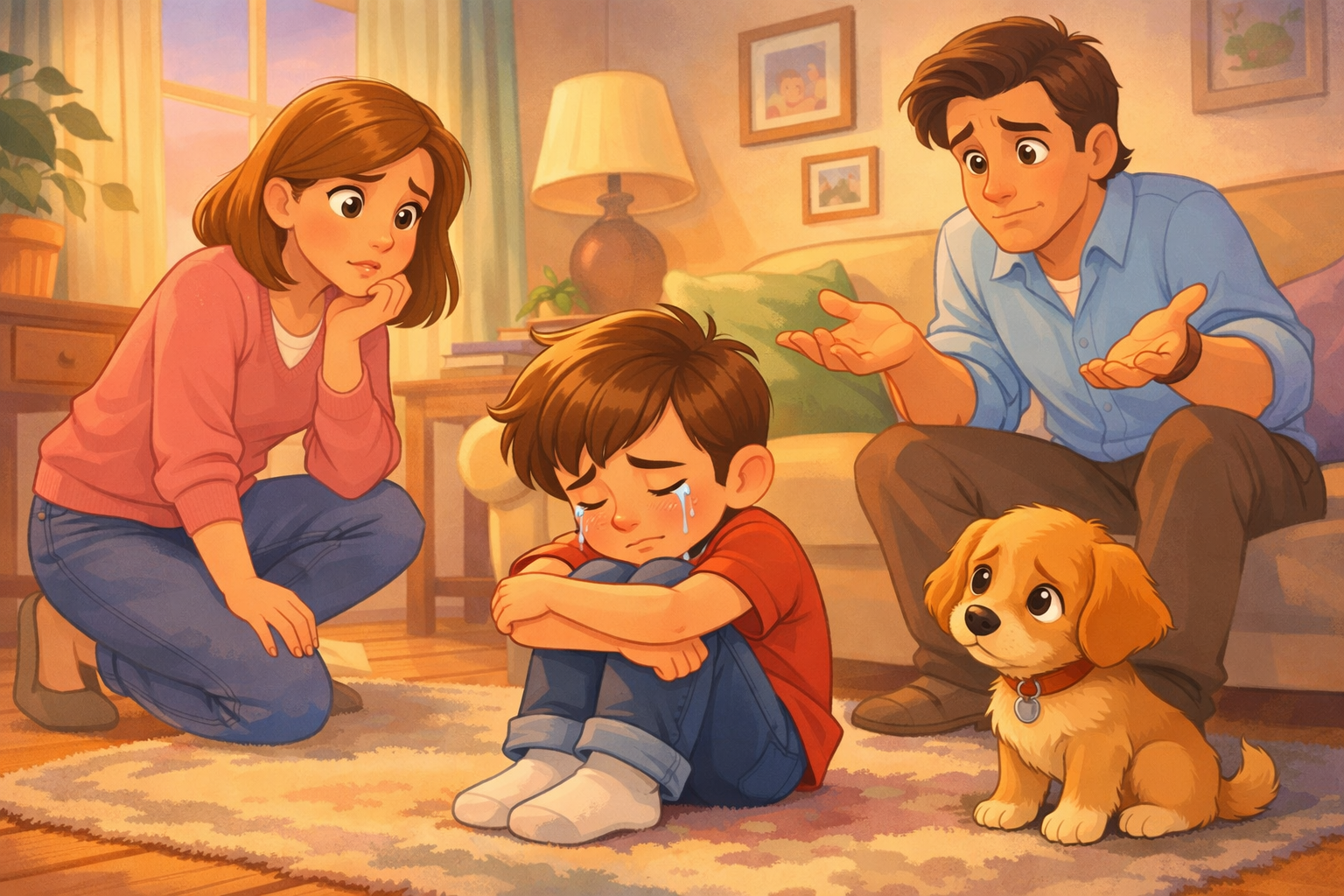 Un băiețel plânge cu familia și câinele alături de el.