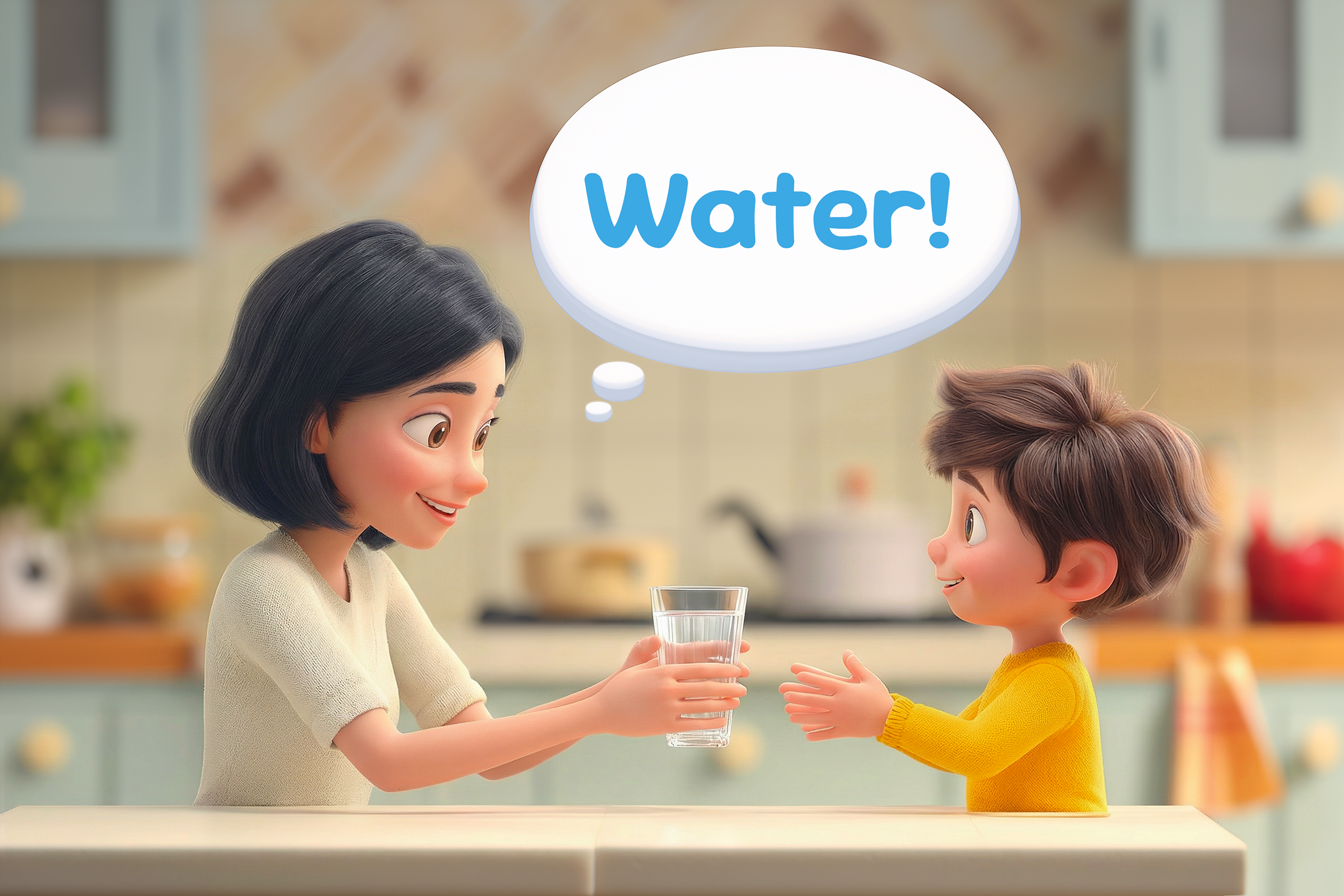 Mamă oferind un pahar cu apă copilului, spunând „Water!” în timp ce acesta îl primește