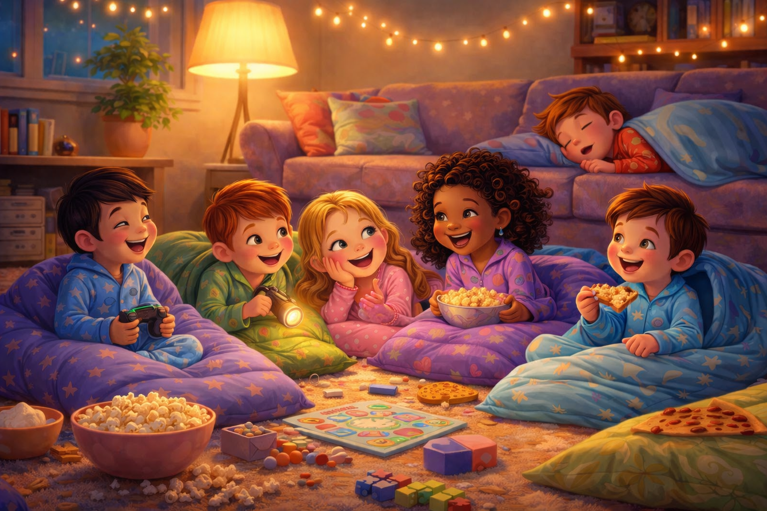 Copii la o petrecere în pijamale.