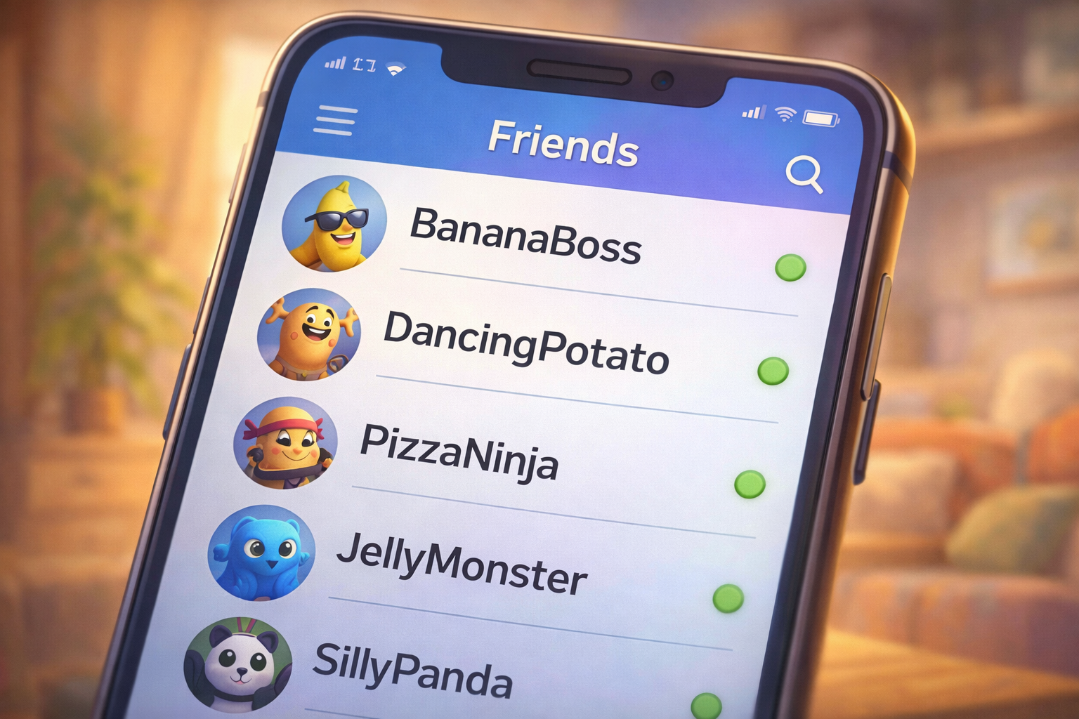 Ecran de smartphone cu exemple de nume de utilizator online.