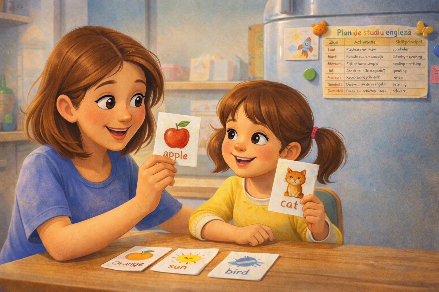 Mama și fetița învață la engleză